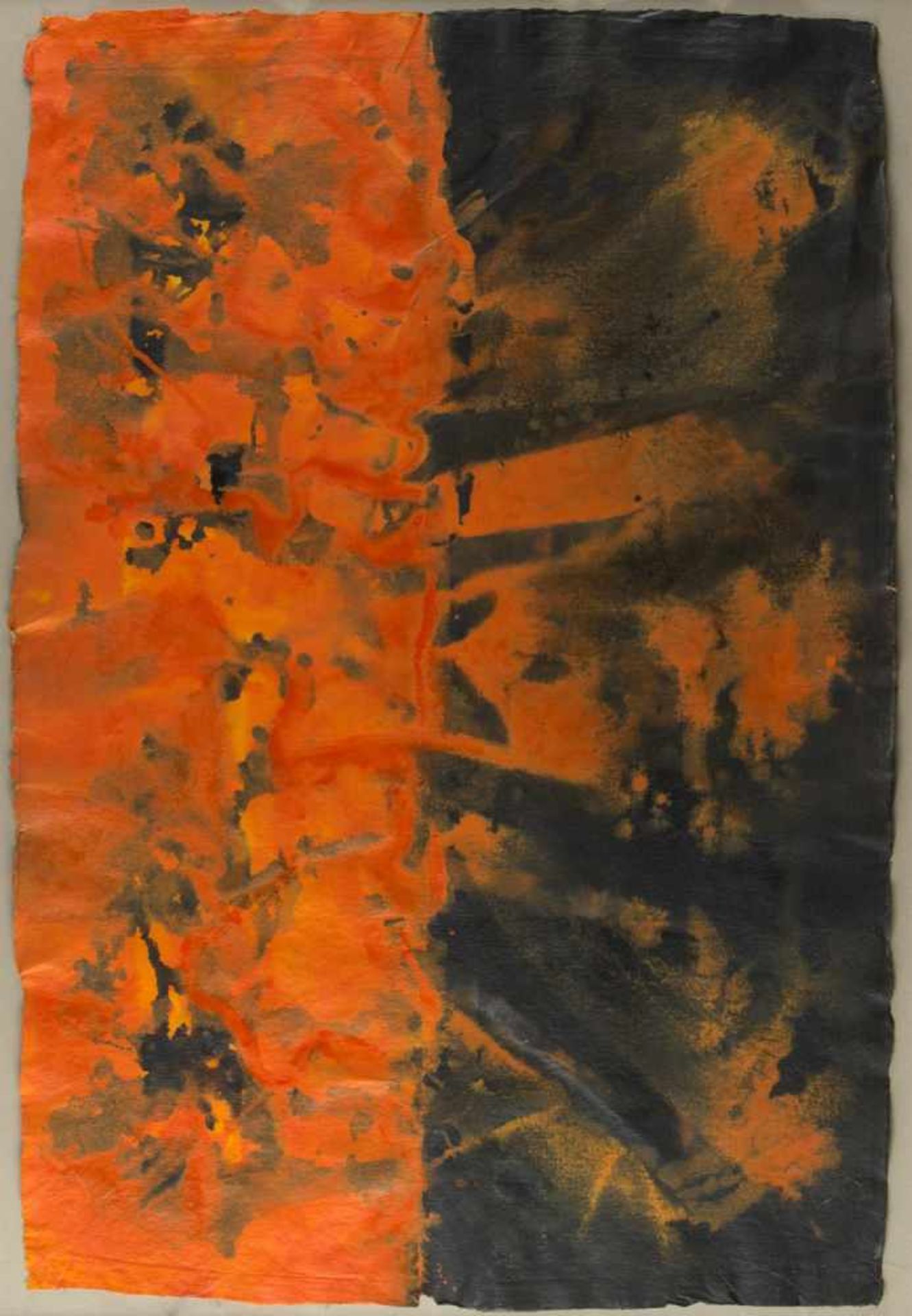 Kausel, Thomas P. 1937 Berlin584 Orange-Schwarz. Acryl/Bütten. 105 x 72 cm. Verso auf dem