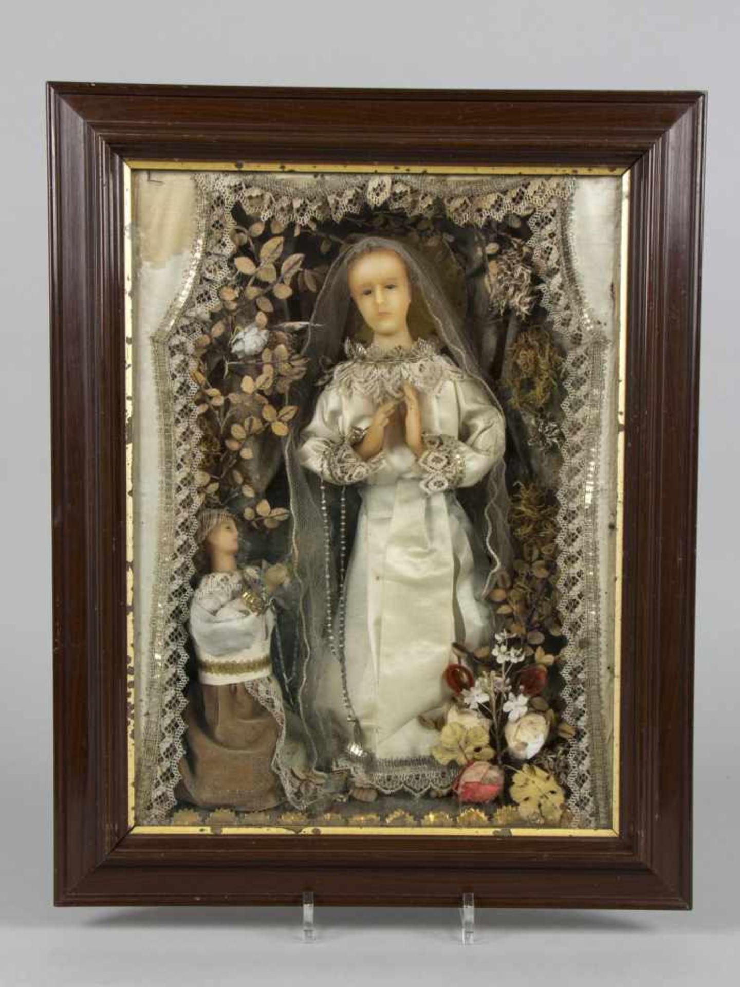 KlosterarbeitJungfrau Maria. Versch. Materialien u.a. Wachs, Gold- und Silberbouillondraht,