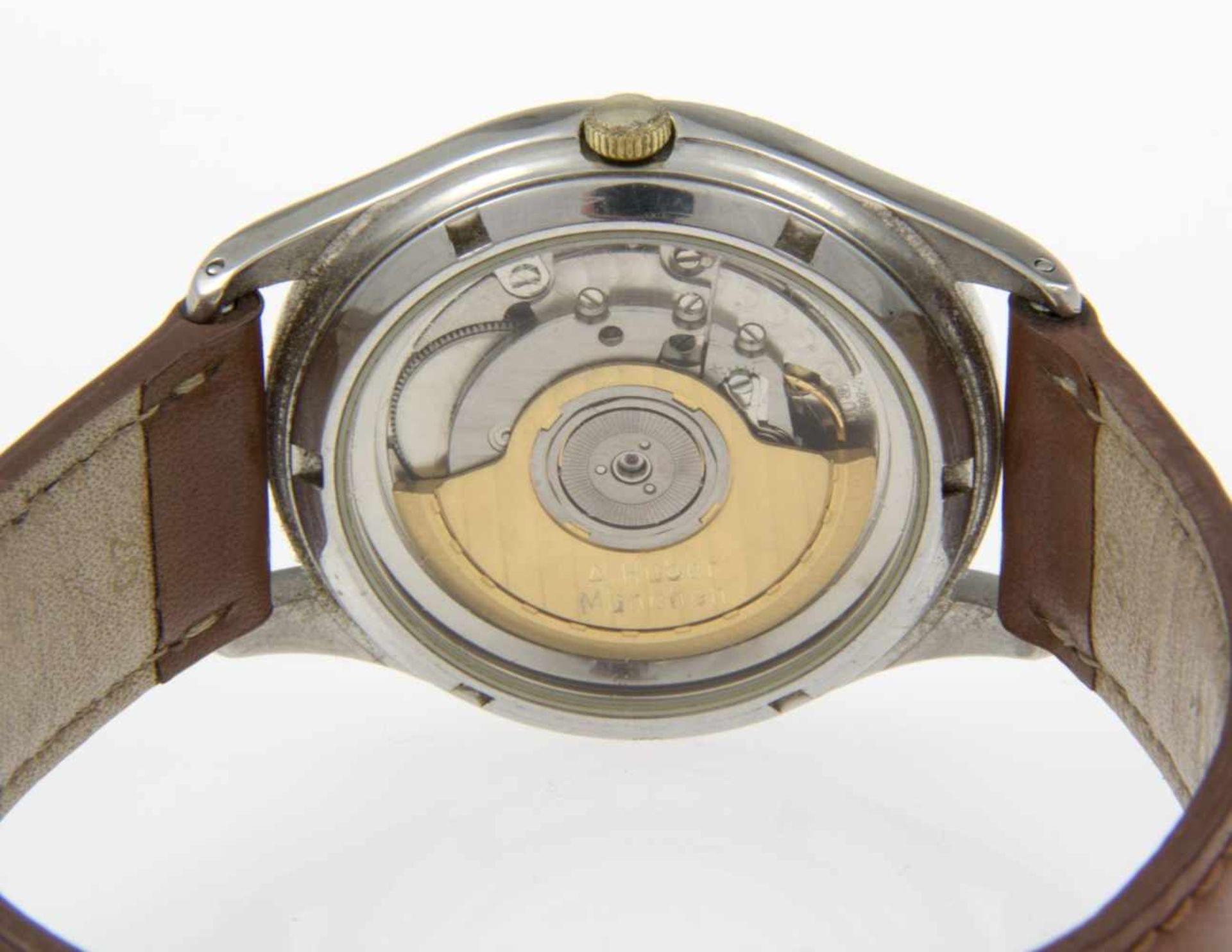 Automatische Andreas Huber-ArmbanduhrGehäuse aus Stahl. Goldlünette. Saphirglasboden. Weißes - Bild 2 aus 3