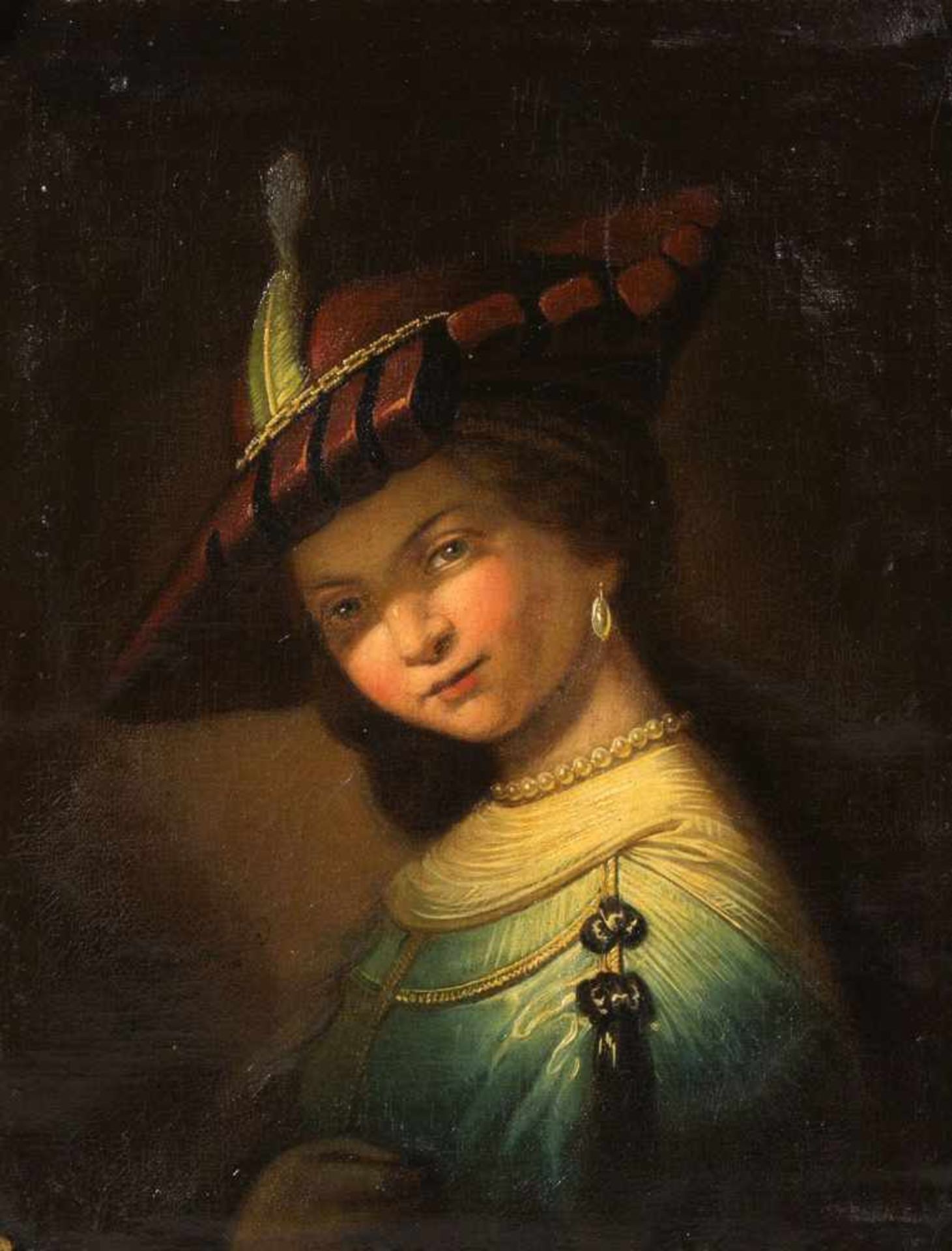 Unbekannt, Ende 19. Jh.Portrait von Saskia nach Rembrandt. Öl/Lwd. 55 x 45 cm. Gerahmt.