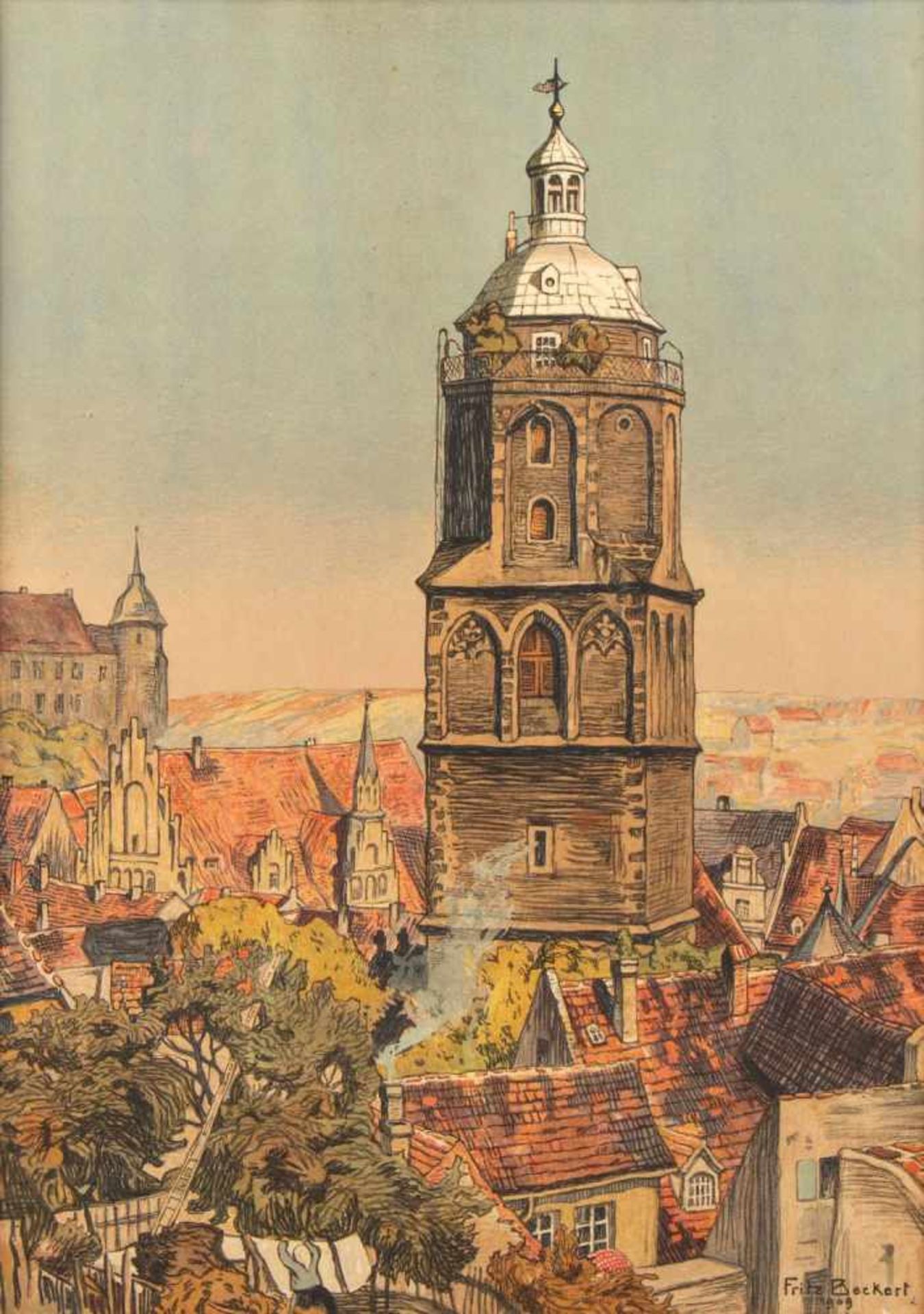 Beckert, Fritz. 1877 Leipzig - Dresden 1962Die Frauenkirche in Meißen. Chromolithographie. 74,5 x 54