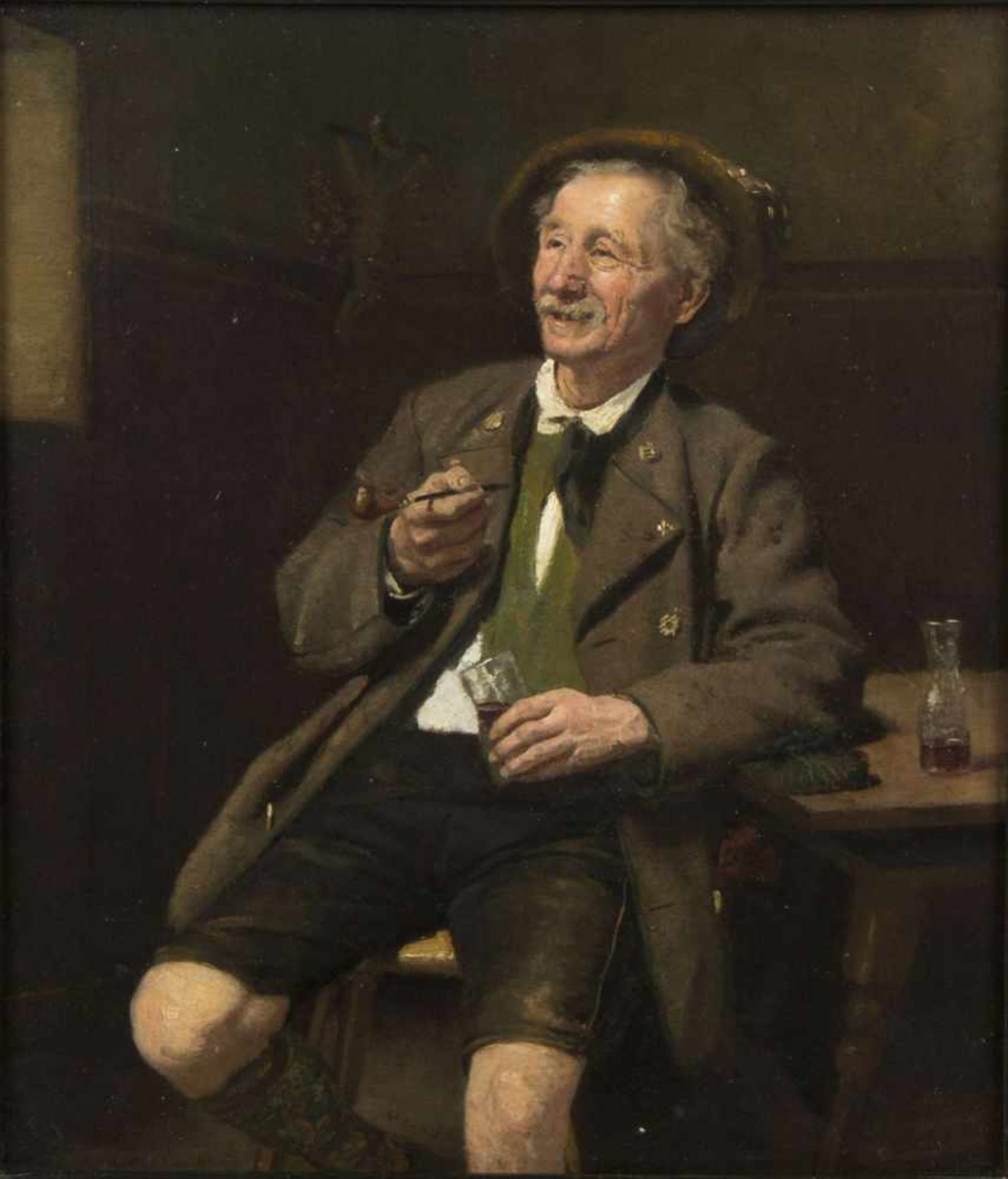 Bock, Adolf Georg Friedrich. 1854 - 1917Mann in Tracht mit einer Pfeife. Öl/Karton. Sign. 30 x 26,