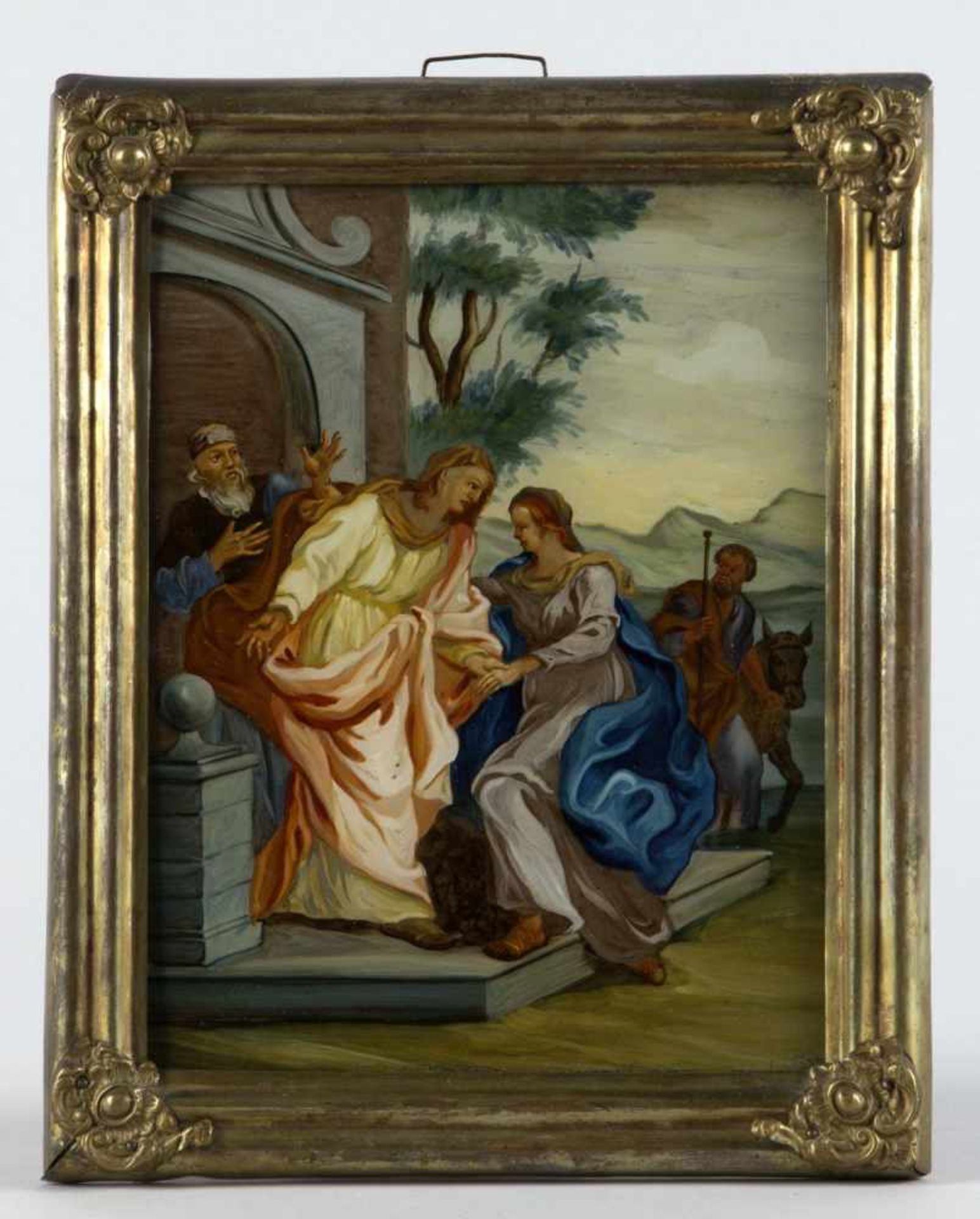 Hinterglasbild "Maria besucht Elisabeth"Tempera auf Glas. Malschule Augsburg oder