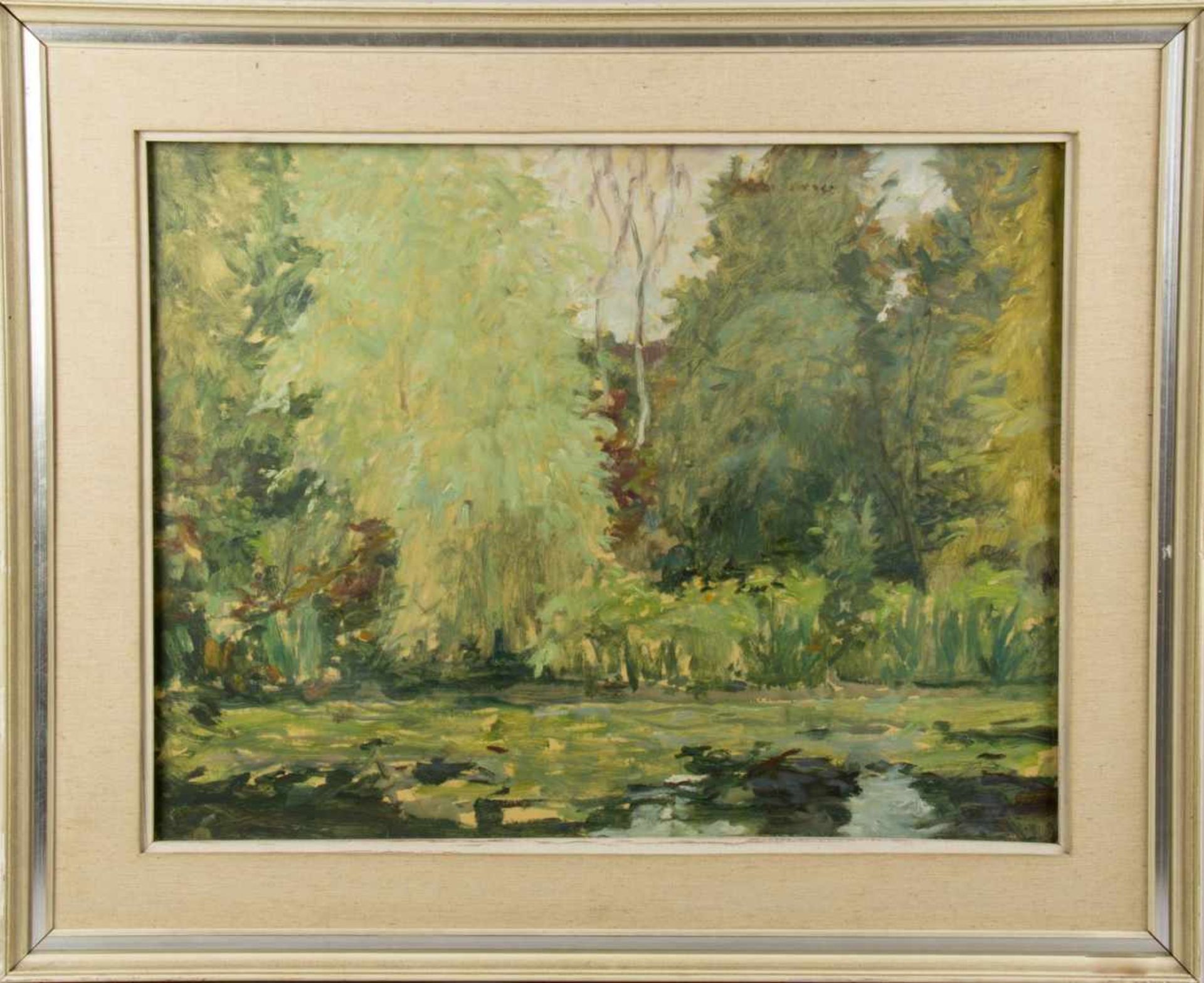 Deutsch, 20. Jh.Sommerlicher Waldteich. Öl/Papier, auf Holz aufgezogen. 49 x 63,5 cm. - Bild 2 aus 3