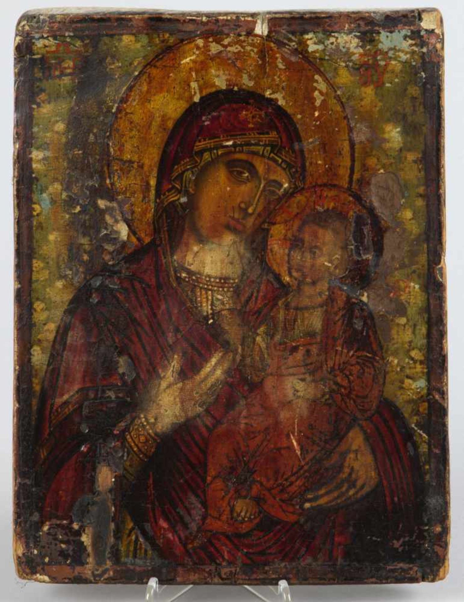 Vier IkonenMarien- und Heiligendarstellungen. 3 Tempera auf Holz, 1 übermalter Lichtdruck. - Bild 5 aus 5