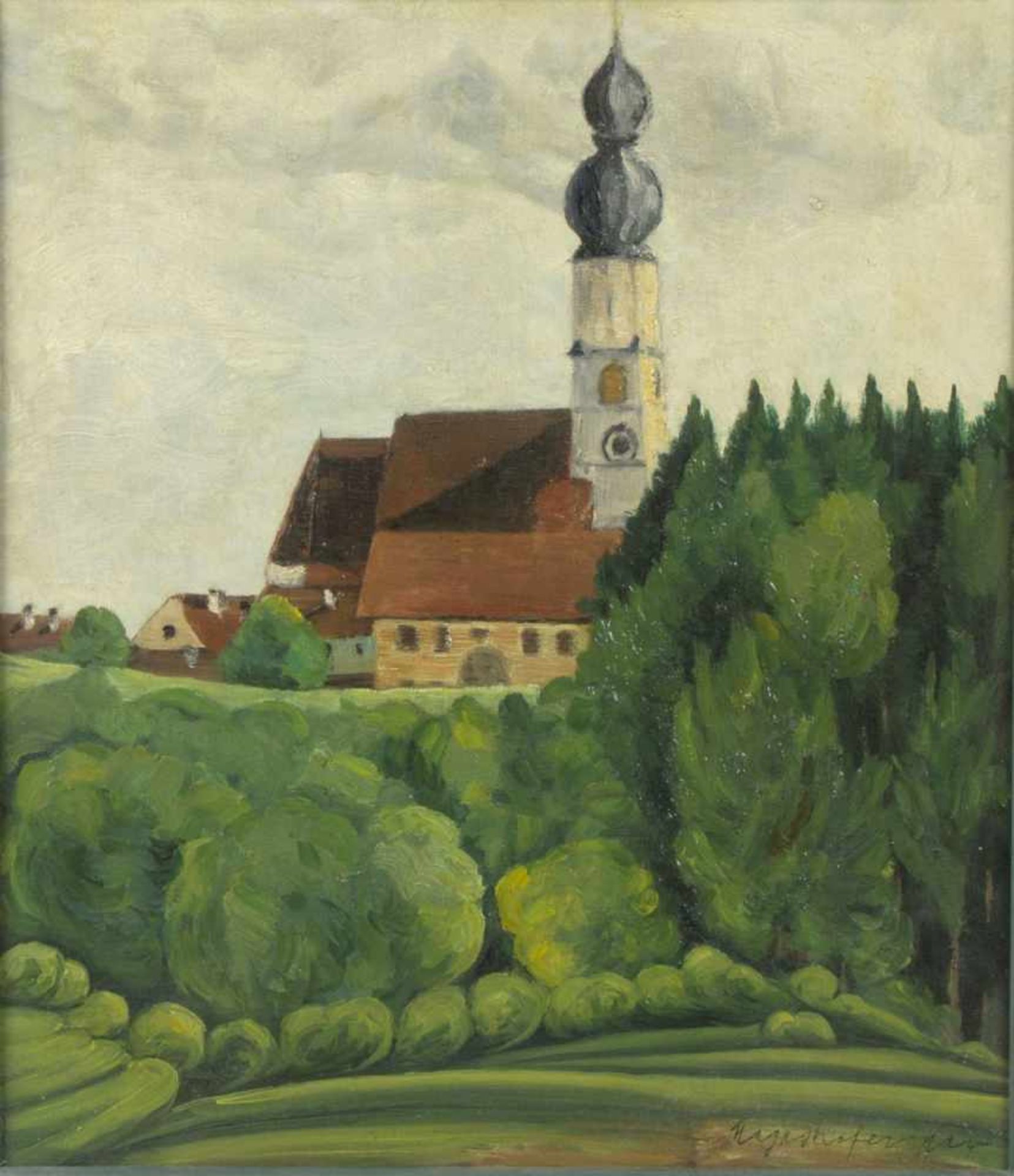 Mayrshofer, Max. 1875 - München - 1950Dorfkirche in einer sommerlichen Landschaft. Öl/Karton.