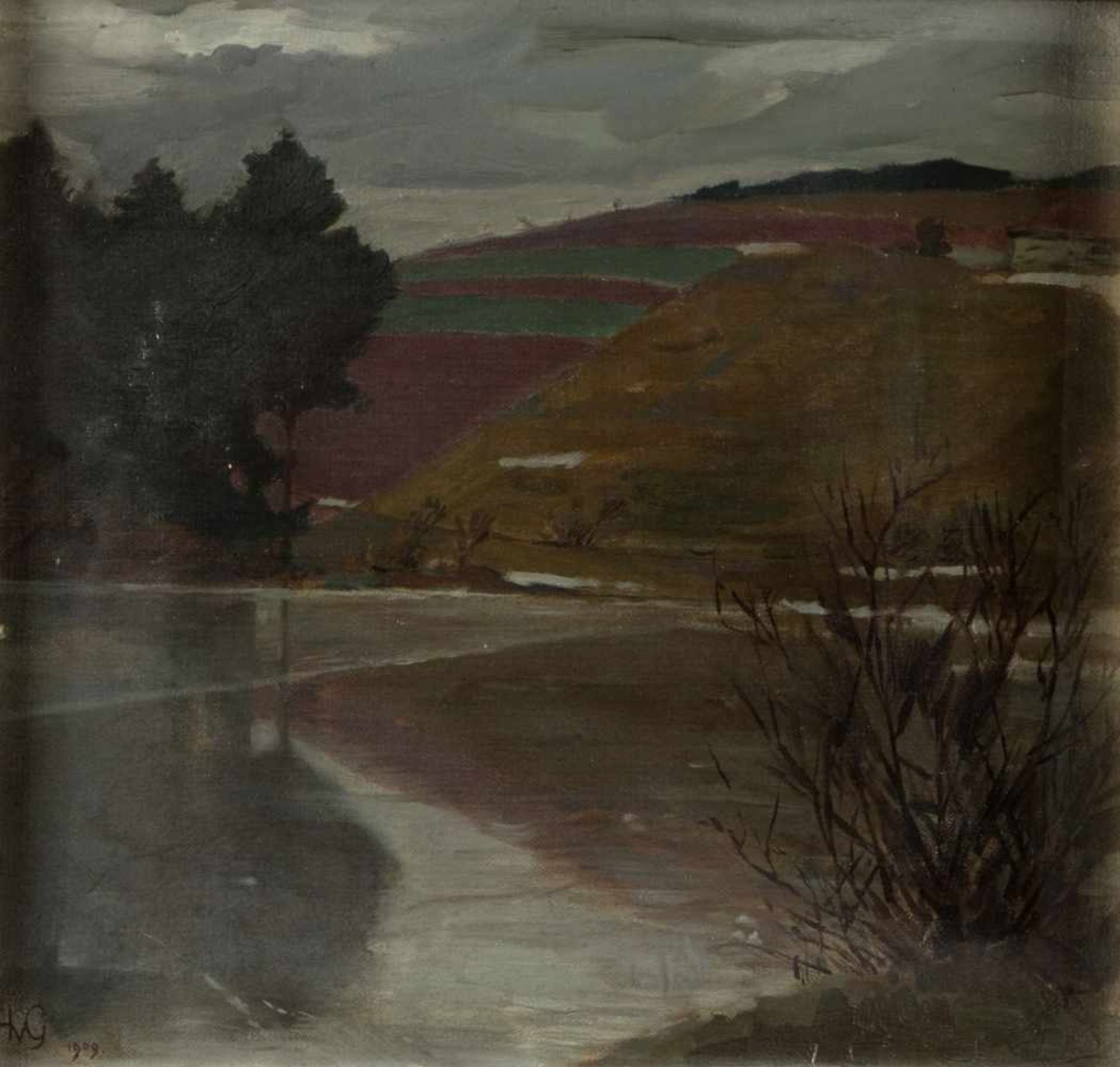 Monogrammist HvGHerbstliche Flusslandschaft. Öl/Rupfen. Monogr. und dat. 1909. 48 x 50,5 cm.