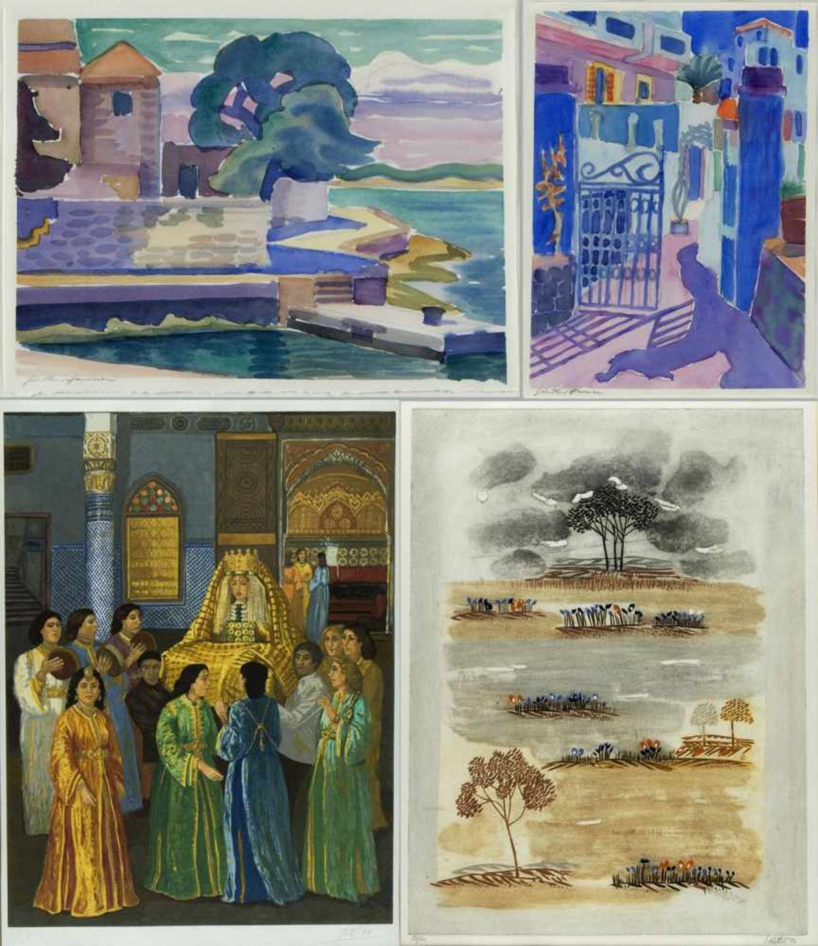 Hannsen. Souttee. KianSüdliche Orte. Landschaft. Orientalische Prinzessin. 4 Bll. versch. Techn.