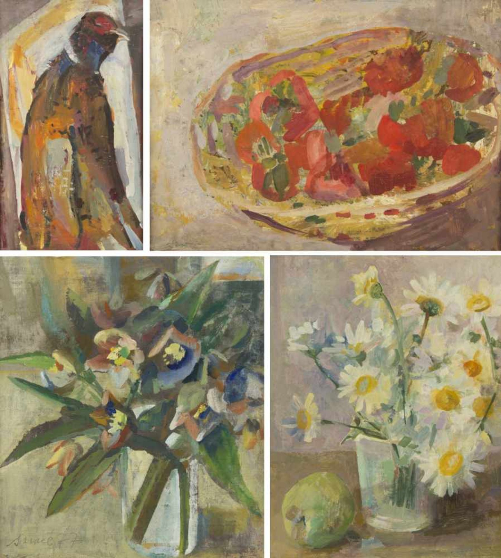 Sappel, Marta. 1914 Heidelberg - München 1987Stillleben mit Blumen, Erdbeeren und einem Fasan. 4
