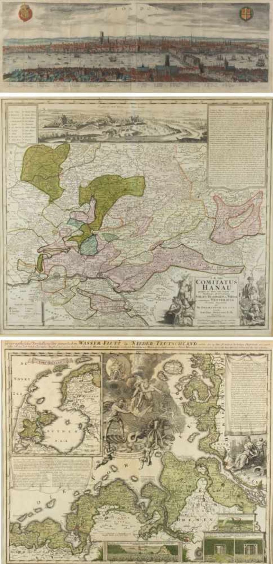 Homann u.a.Comitatus Hanau. Wasserflutt in Nieder-Teutschland. Panorama von London. 3