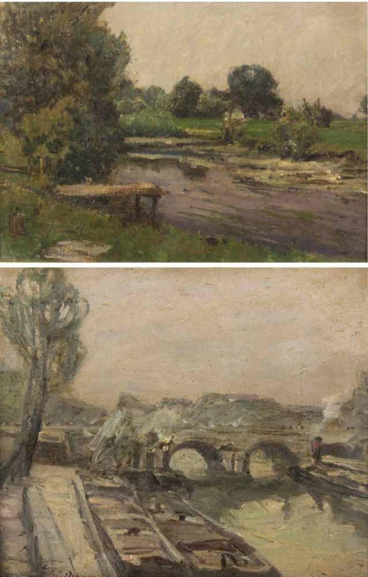 Schönchen, Leopold. 1855 Augsburg - München 1935Schiffe auf einem Kanal vor einer Brücke.