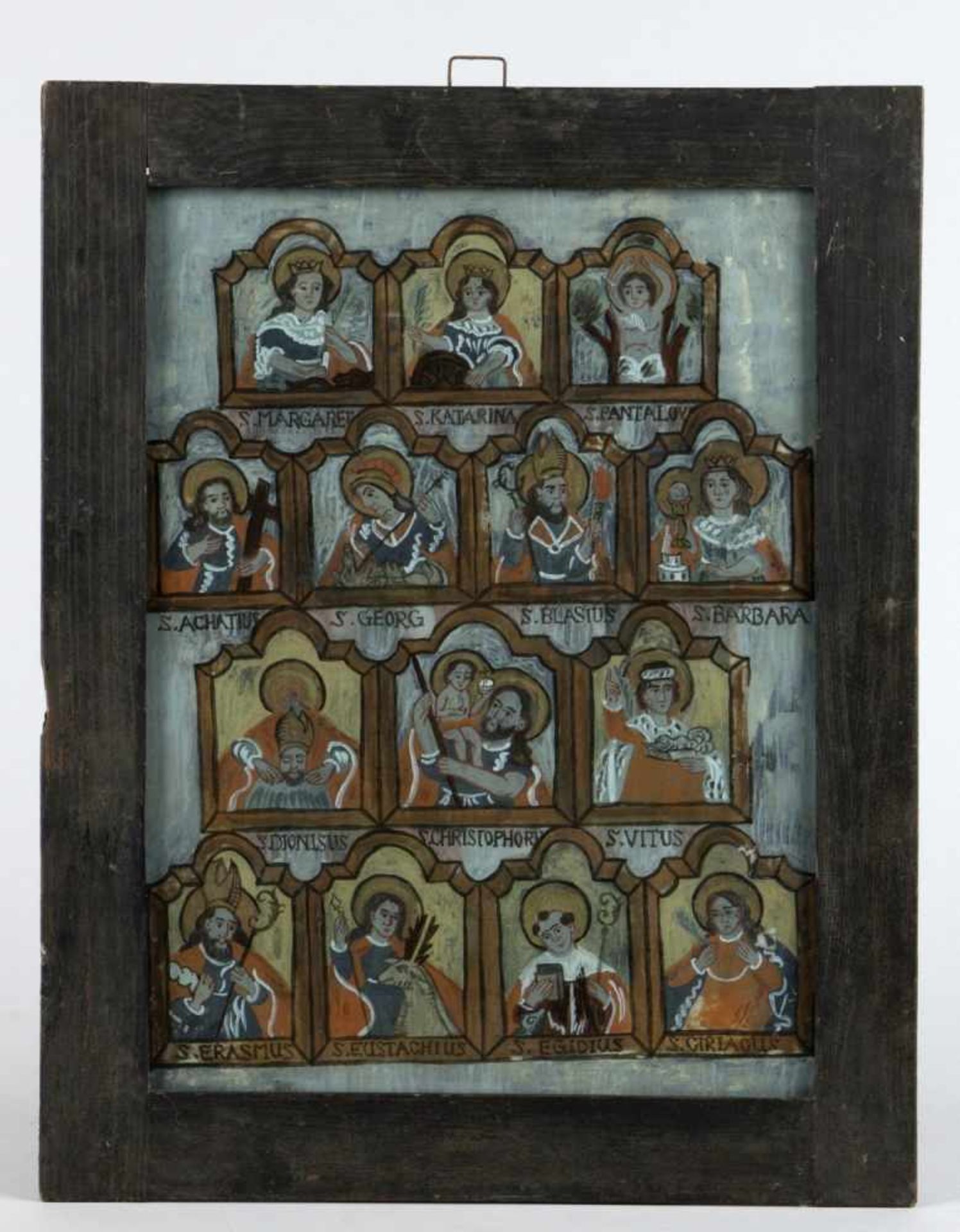 Hinterglasbild "Vierzehn Nothelfer"Tempera auf Glas. Buchers oder Sandl, 19. Jh. Leistenrahmung.