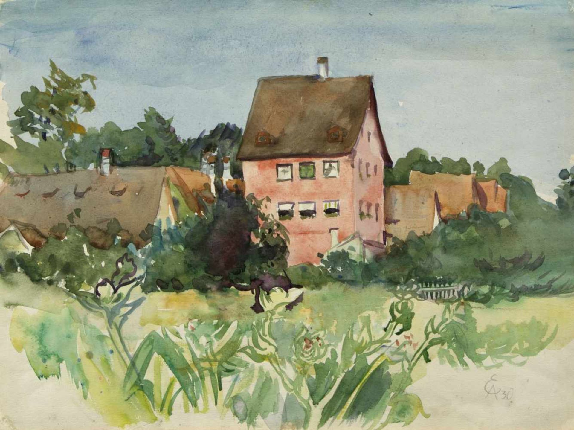 Aigner, Eduard. 1903 Neuhaus - München 1978Sommerliches Dorf. Aquarell über Bleistift. Monogr. und