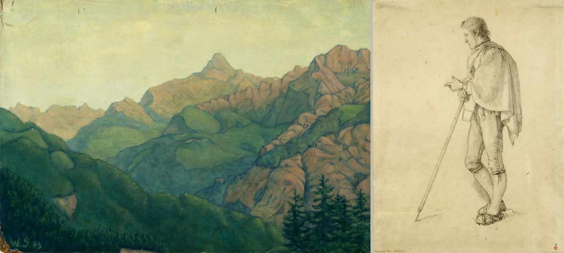 Beckmann, J.H. Philips, H. u.a.Wanderer. Brustbild einer Frau. Bergpanorama u.a. 3