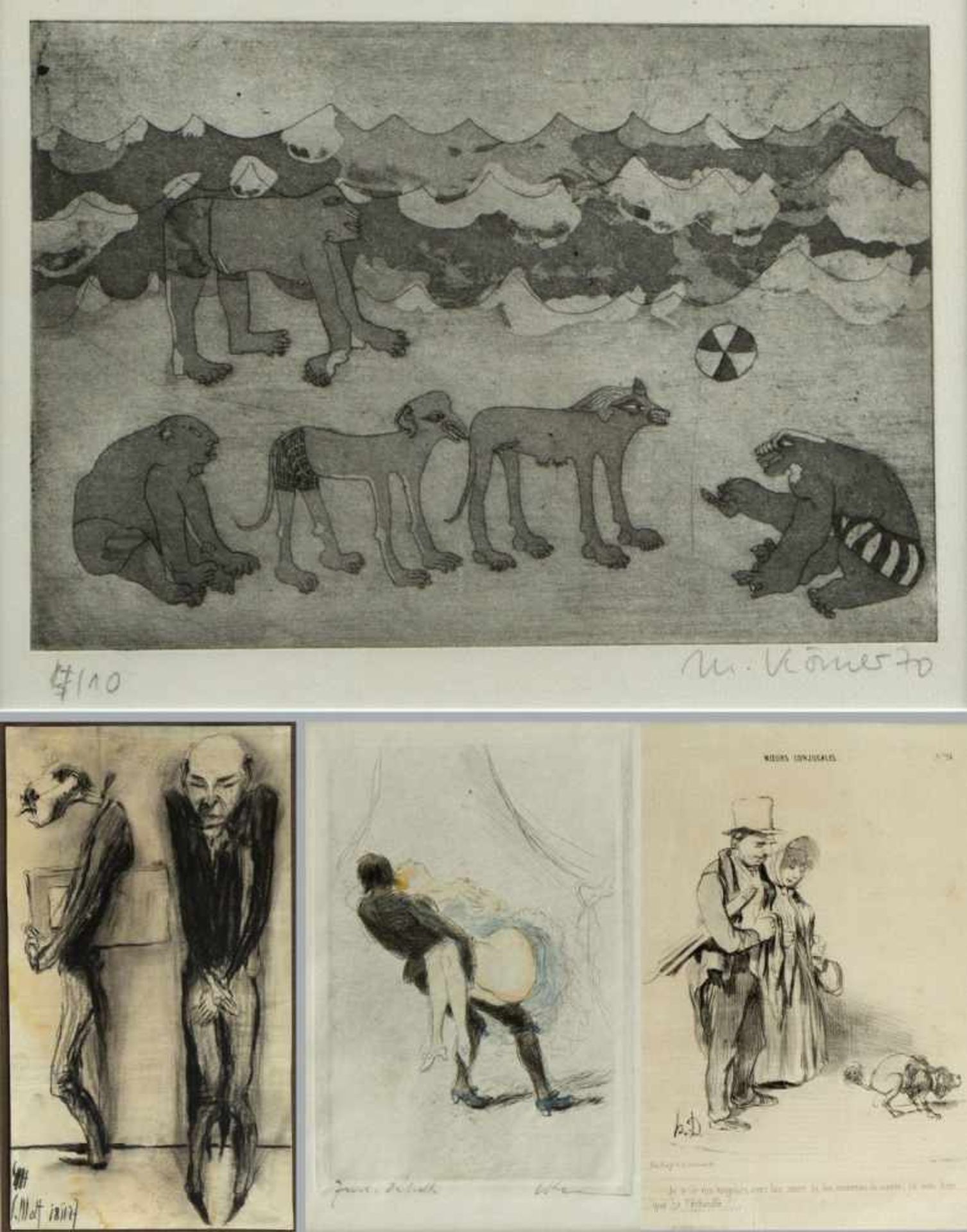 Daumier, H. Klemm, W. u.a.Moeurs conjugales. Tanzpaar. 4 Bll. versch. Techn. Sign. 28 x 15,5 cm.