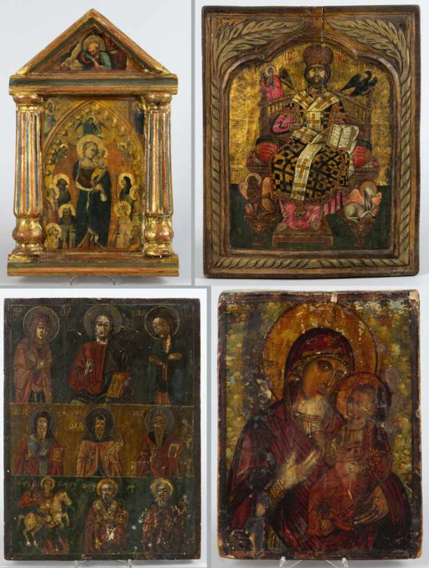 Vier IkonenMarien- und Heiligendarstellungen. 3 Tempera auf Holz, 1 übermalter Lichtdruck.