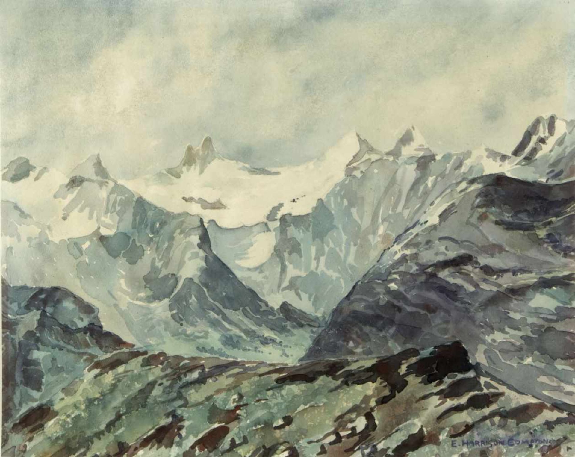 Compton, Edward Harrison und Edward TheodorHochgebirge. Verschneite Berghütten. 1 Aquarell. 1 - Bild 2 aus 3