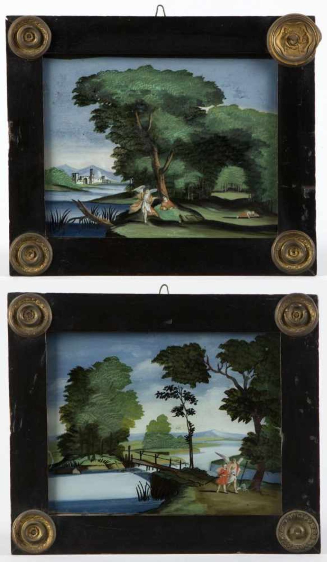 Zwei Hinterglasbilder mit Szenen von der Reise des jungen Tobias mit dem Erzengel RaffaelTempera auf