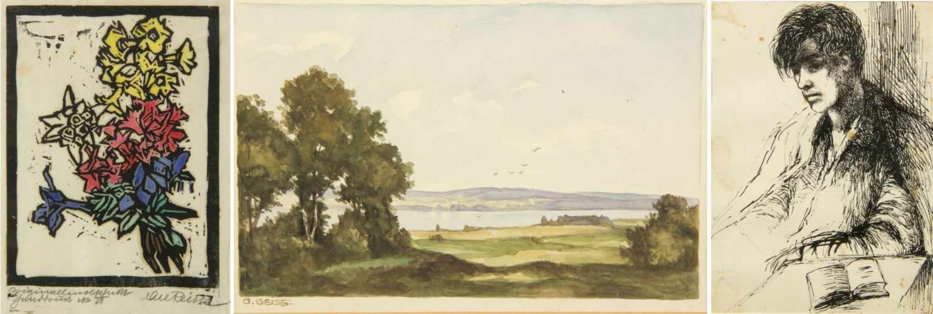 Nagel, Hanna. Geiss, G. Reiser, CarlJunger Mann mit Lektüre. Landschaft mit See. Blumenstrauß. 3
