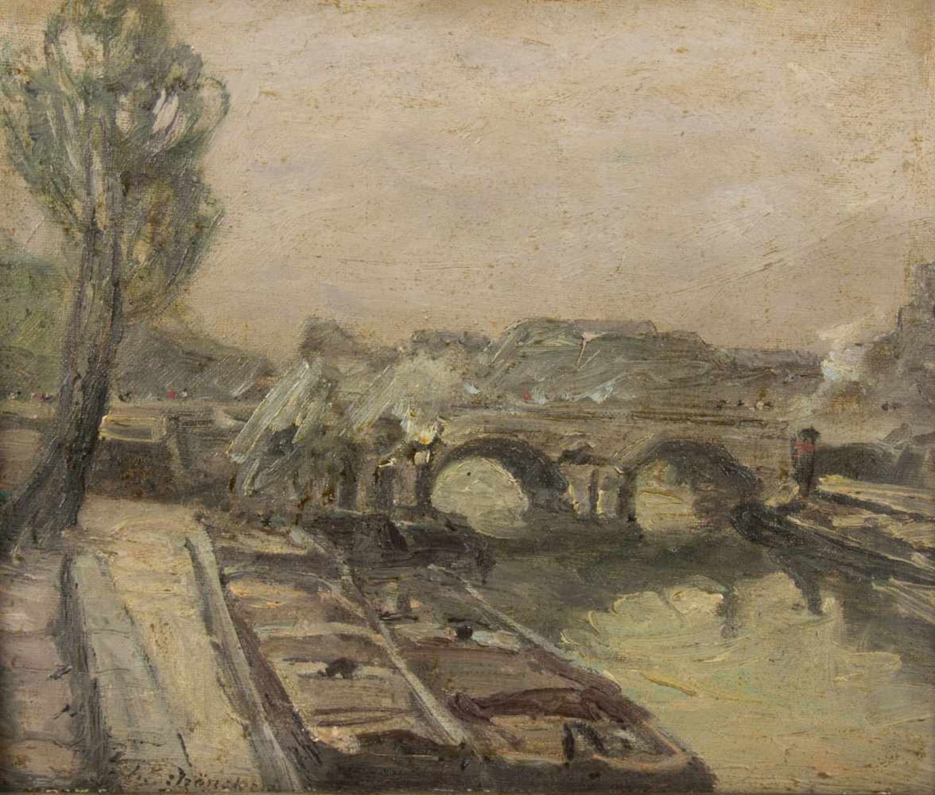 Schönchen, Leopold. 1855 Augsburg - München 1935Schiffe auf einem Kanal vor einer Brücke. - Bild 2 aus 5