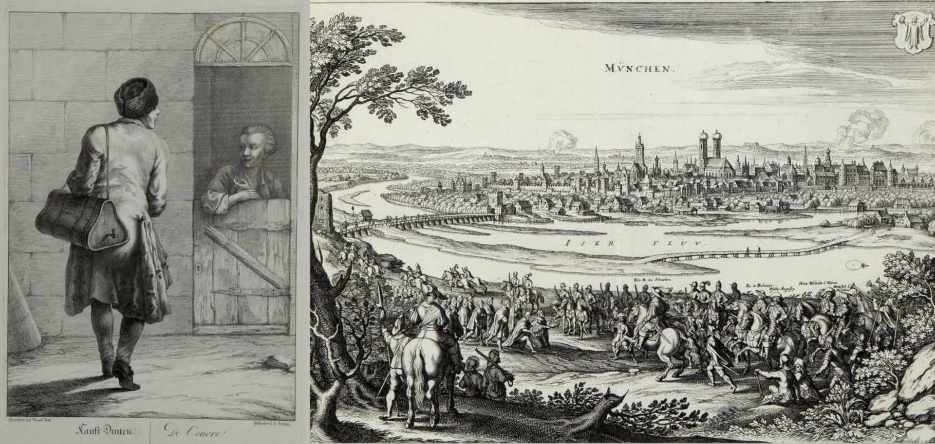 Merian. Schütz u.a.Ansichten München, Landsberg. Tintenverkäufer u.a. 13 Bll. versch. Techn. Bis