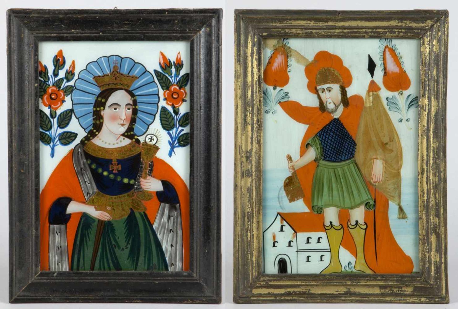 Zwei Hinterglasbilder "Hl. Florian" und "Hl. Barbara"Tempera auf Glas. Buchers oder Sandl, 19. Jh.