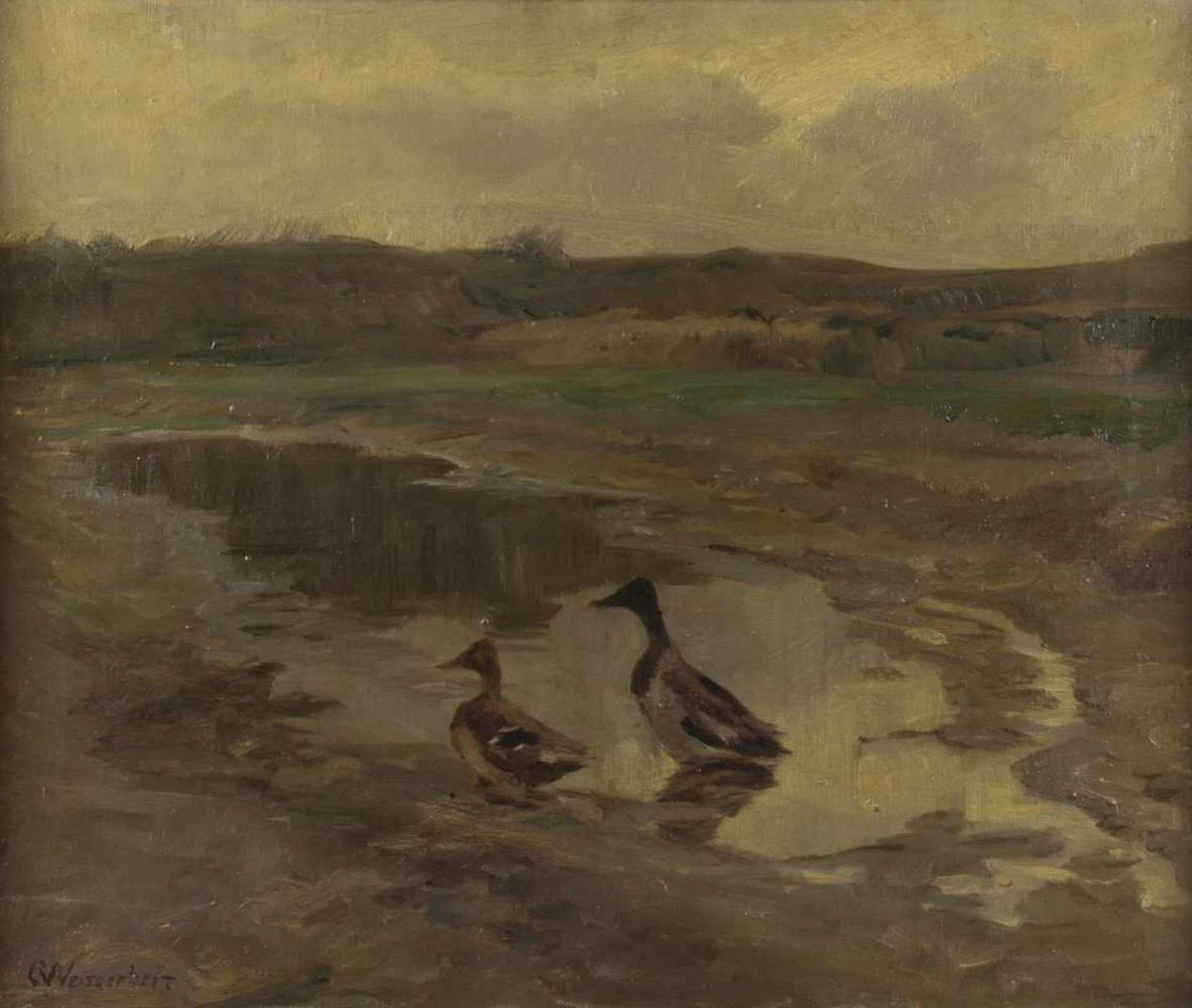 Weisgerber, Carl. 1891 Ahrweiler - Düsseldorf 1968Enten an einem Teich in einer kargen Landschaft.