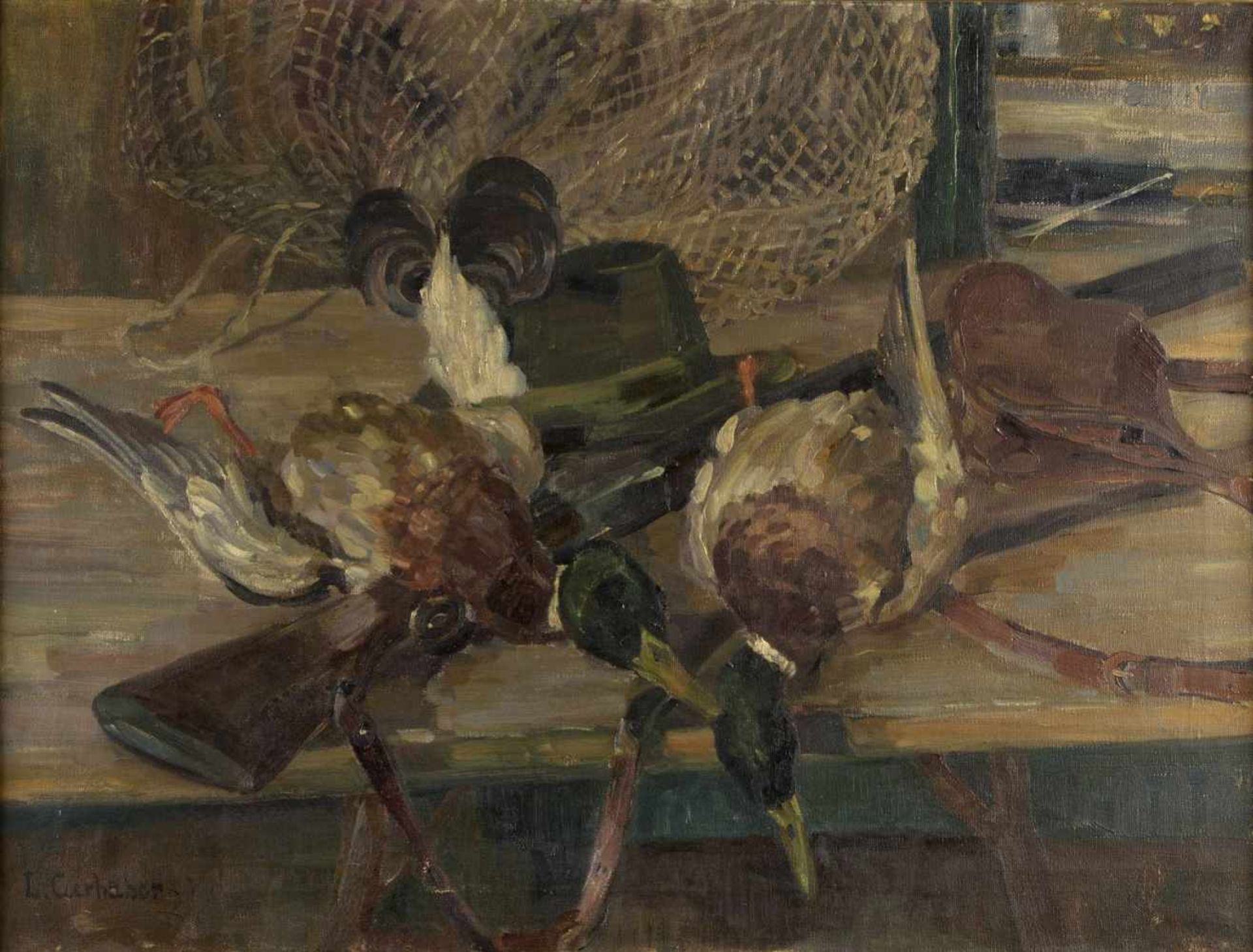 Gerhaber, L.Jagdstillleben mit Enten. Öl/Lwd. Sign. 66 x 88 cm. Gerahmt.