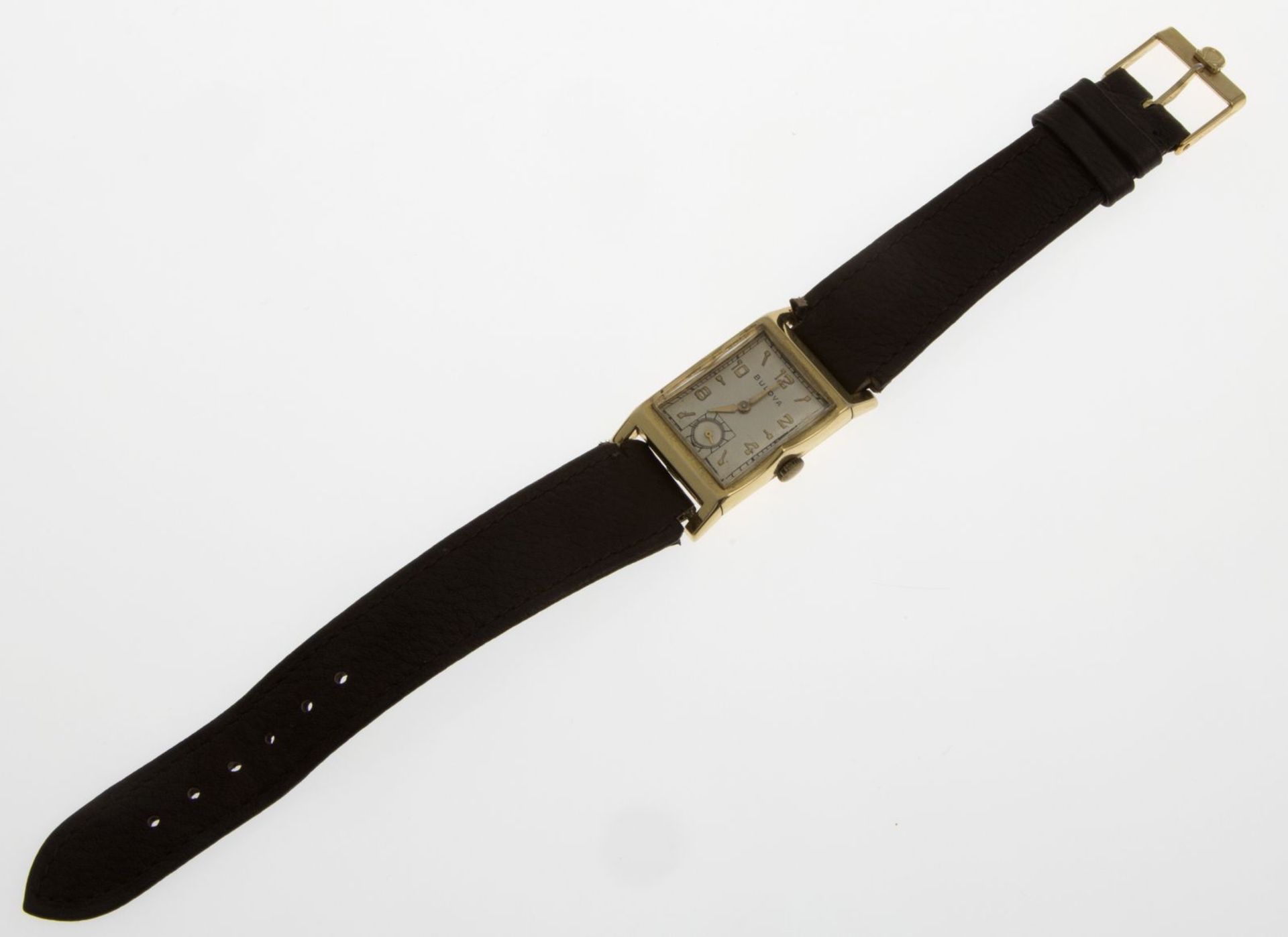 Bulova-ArmbanduhrRechteckiges Gehäuse aus Gelbgold 585. Plexiglas. Versilbertes Zifferblatt mit - Bild 2 aus 3