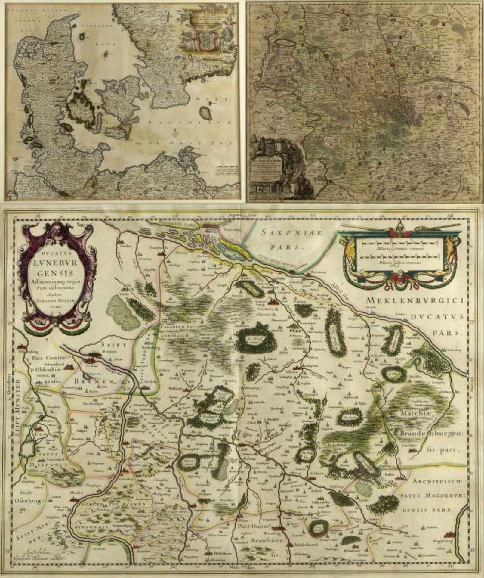 Homann. Mellinger. DanckersKarten von Lüneburg, Braunschweig und Dänemark. 3 kol. Radierungen. Bis