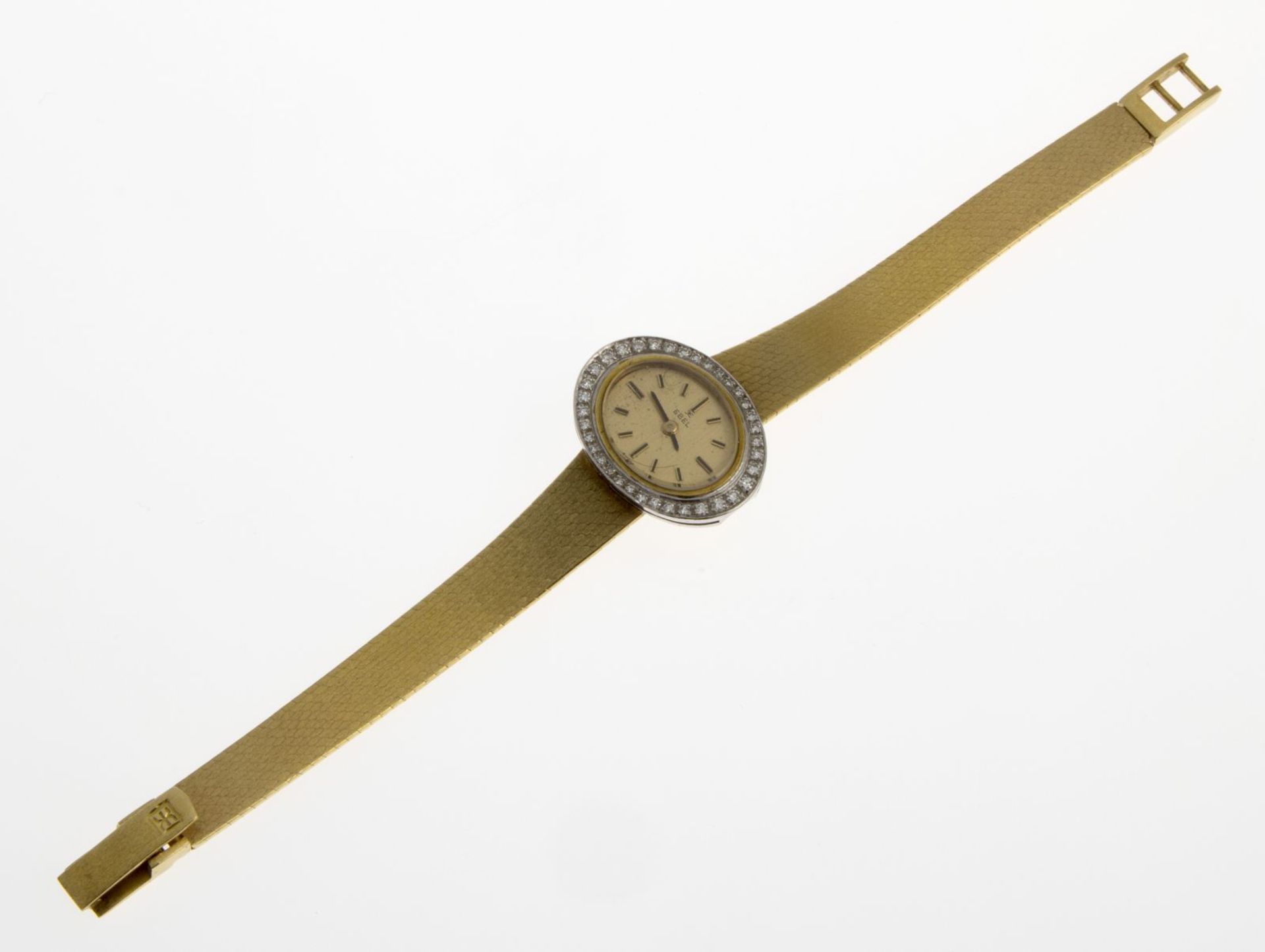 Elegante Ebel-DamenschmuckuhrOvales Gehäuse und Armband aus Gelbgold 750, mattiert. Weißgoldlünette, - Bild 2 aus 3