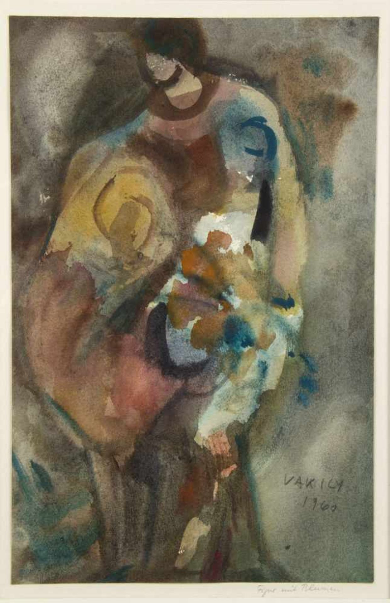 VakilyFigur mit Blumen. Aquarell. Sign. und dat. 1960. 33 x 21 cm.