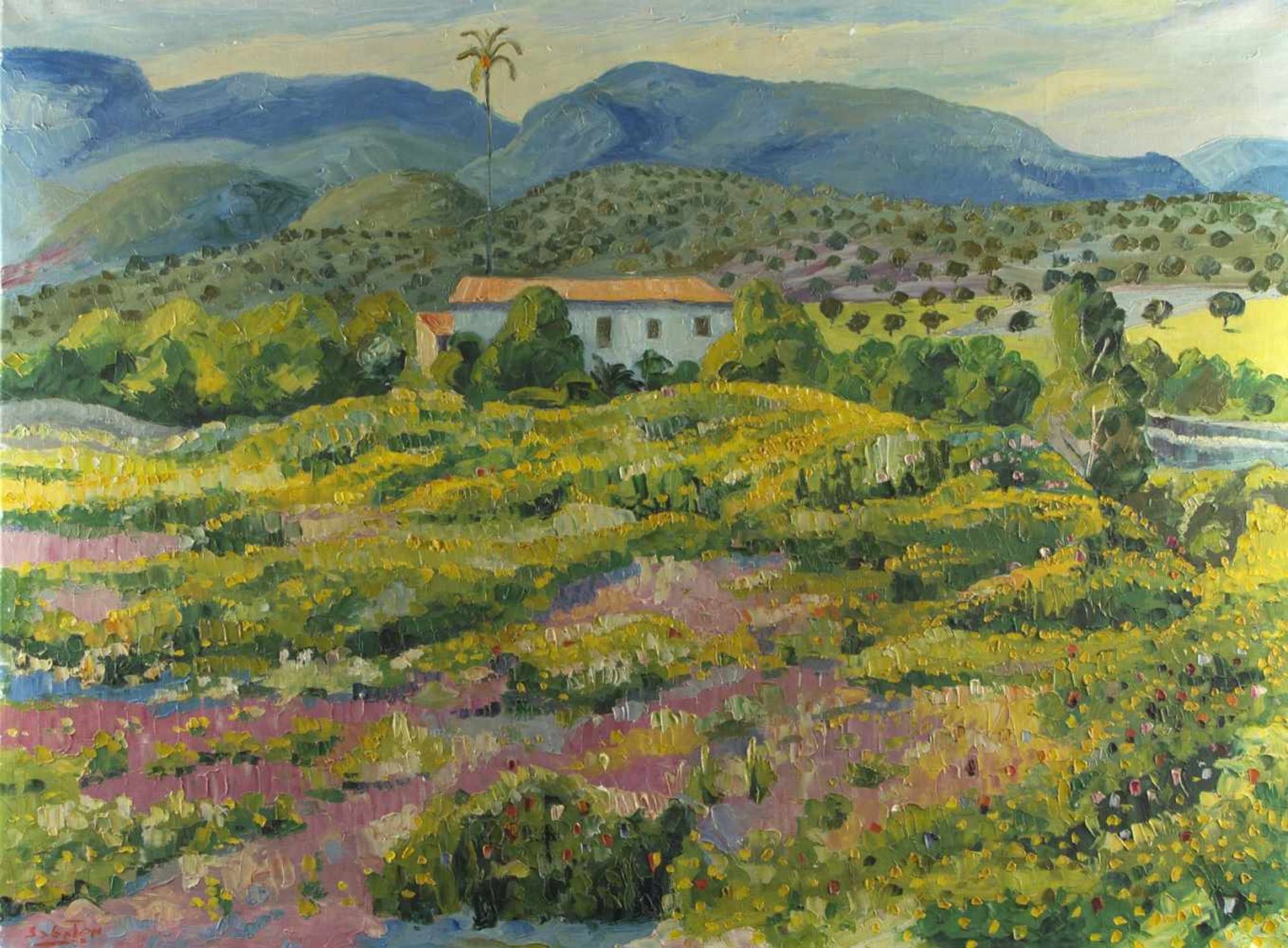 Sabater, Antonio. 1928Flores Amarillasen Mallorca. Öl/Lwd. Sign. 97 x 130 cm. Verso bet.