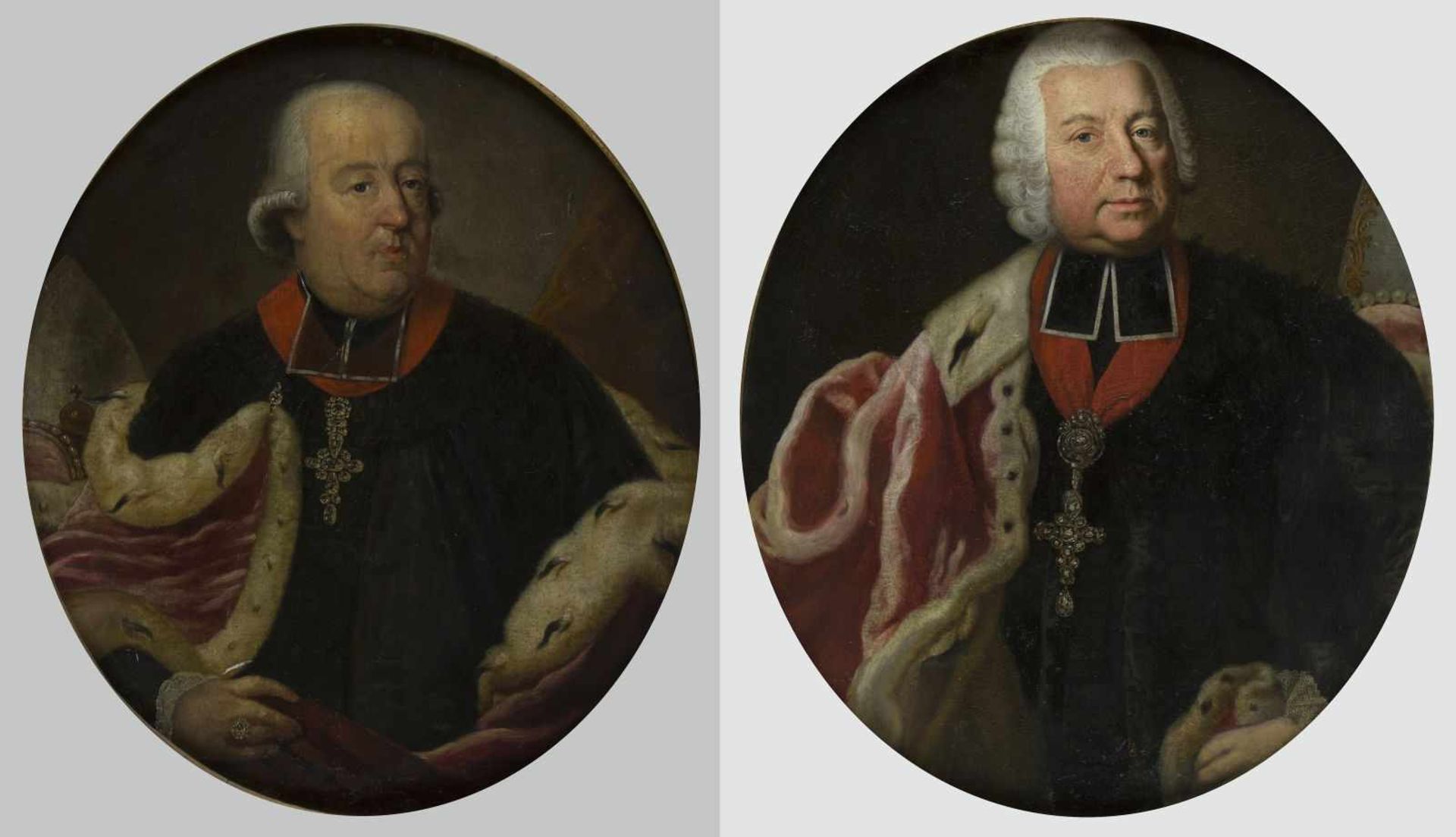 Deutsch, 18. Jh.Portraits zweier Fürstbischöfe. 2 Gem. Öl/Lwd., auf Holz aufgezogen. Bis 82 x 70,5