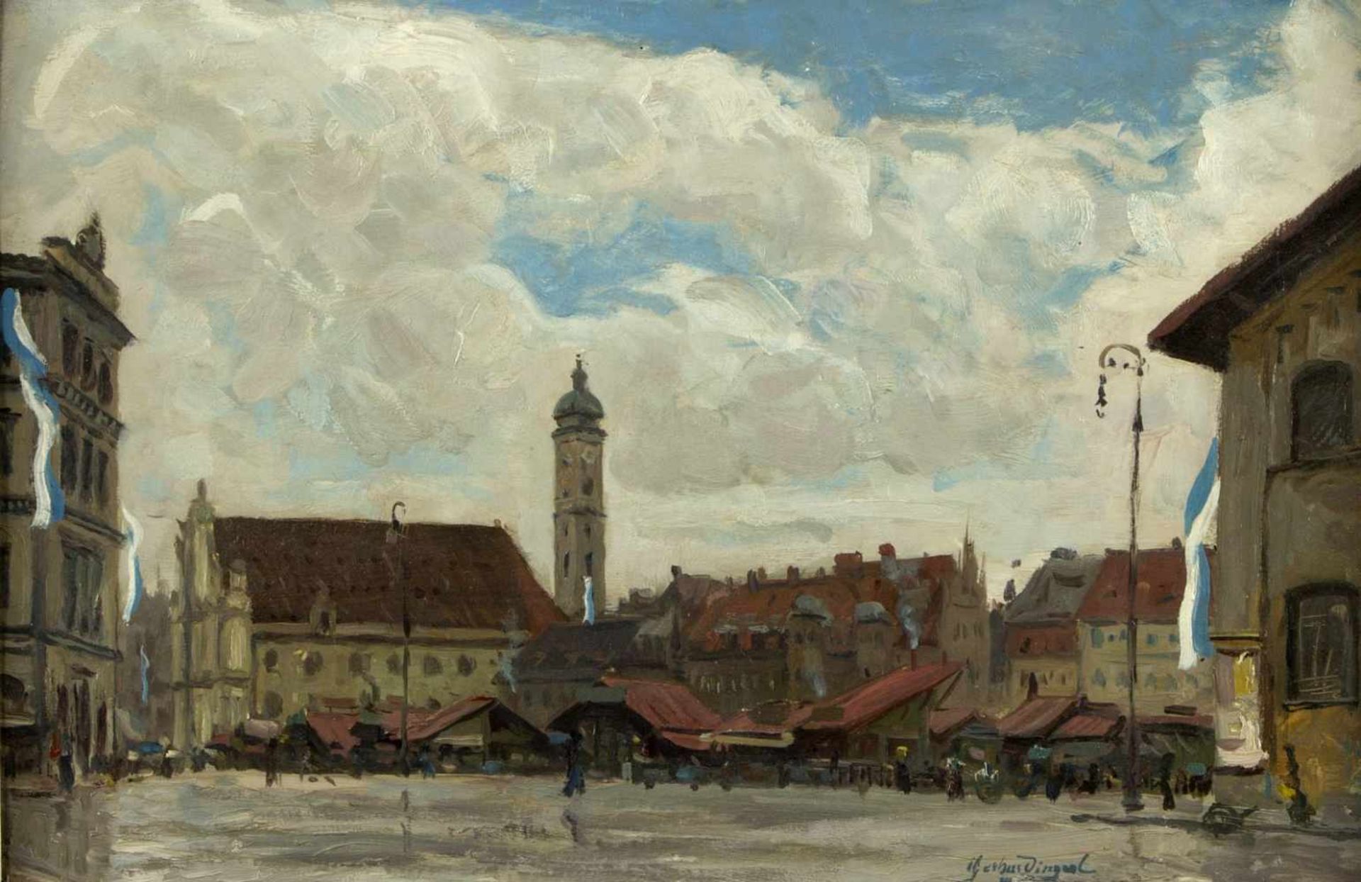 Gerhardinger, Constantin. 1888 München - Törwang 1970Der Viktualienmarkt. Öl/Karton. Sign. und