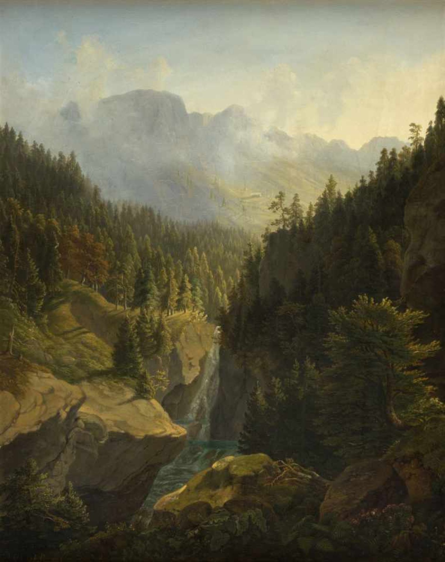 Lueger, Michael. 1804 - München - 1883Alpenlandschaft mit einem Wasserfall. Öl/Lwd., doubliert.