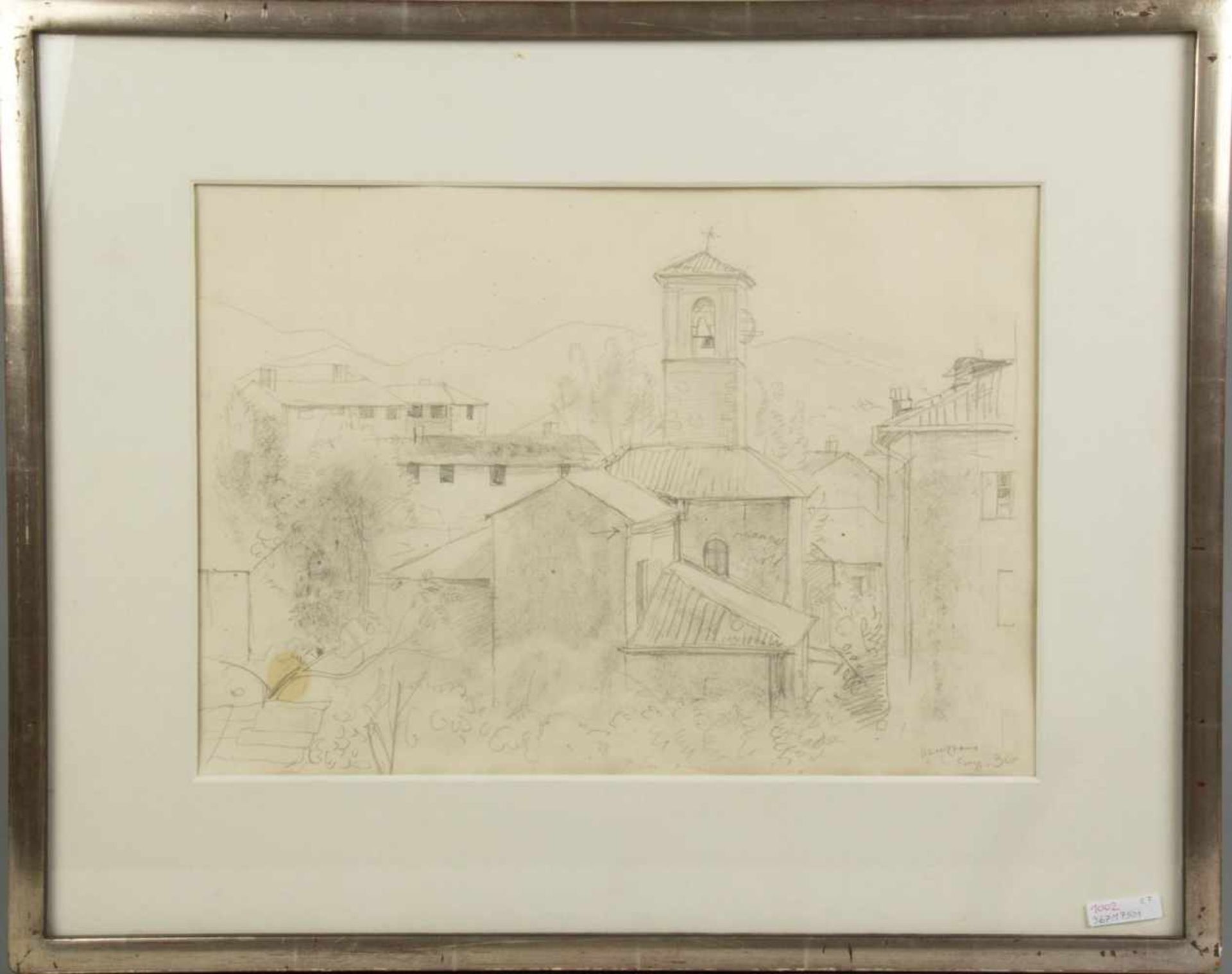 Loewig, Roger u.a.Der Verbannte. Blick auf südländische Stadt mit Kirchturm. 1 Kugelschreiberzeichn. - Bild 5 aus 9