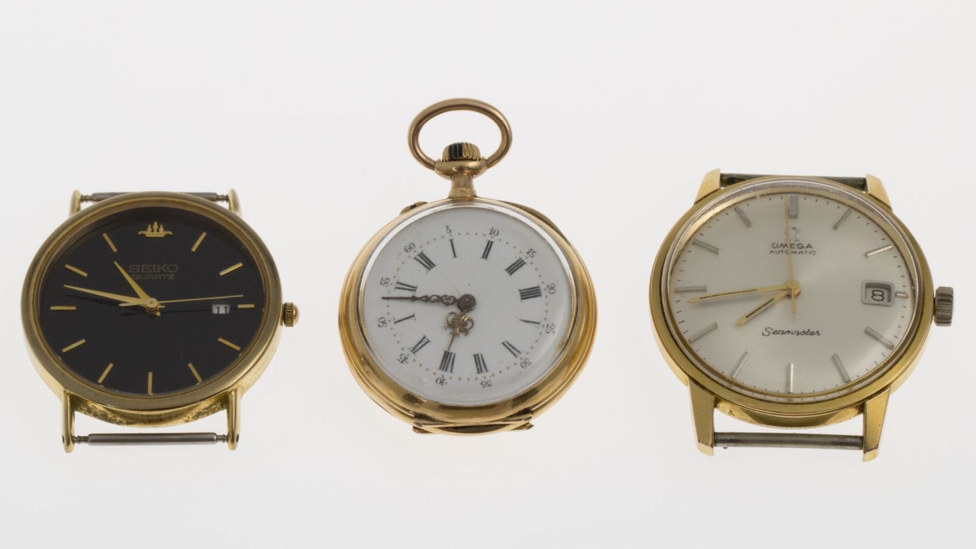 Omega-Armbanduhr Seamaster, Seiko-Armbanduhr und DamentaschenuhrGehäuse aus Stahl, partiell