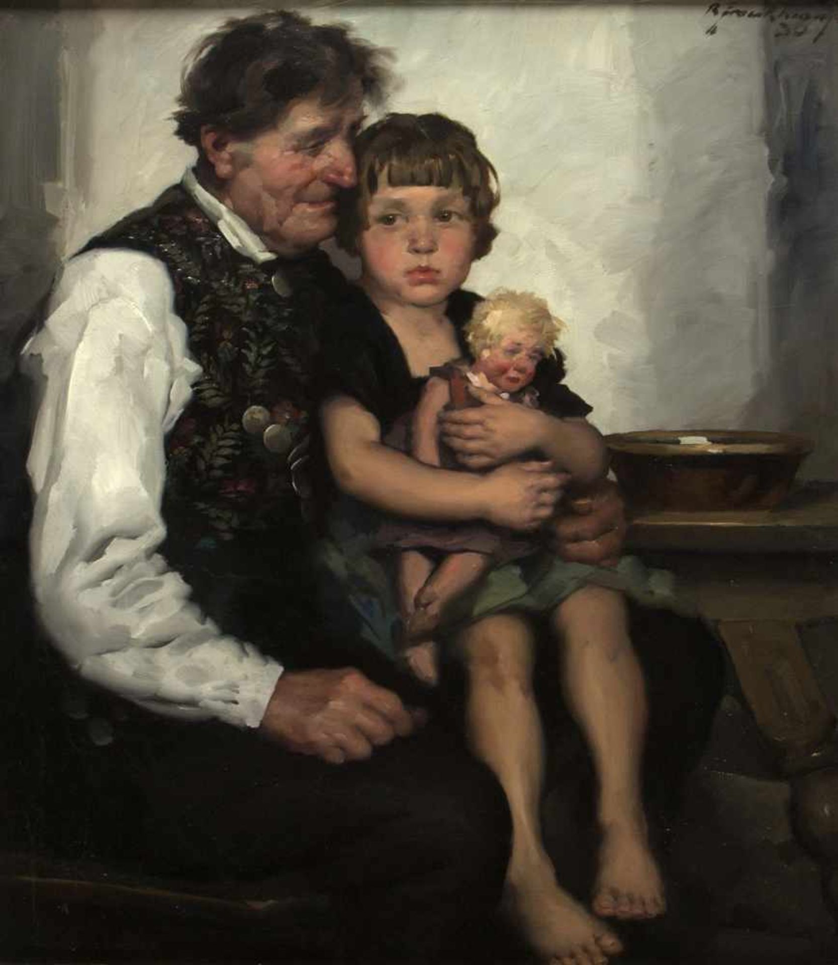 Frank-Krauss, Robert. 1893 Fürth - München 1950Großvater mit seiner Enkelin auf dem Schoß. Öl/Lwd.