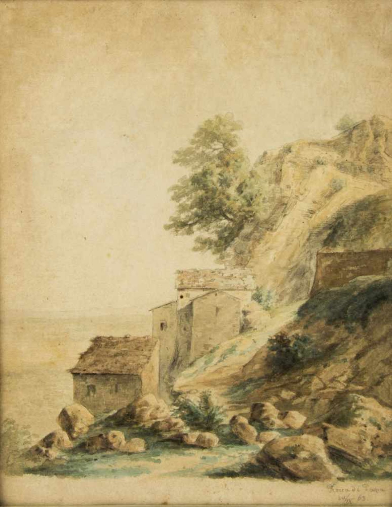 Kaufmann, Franz Xaver u.a.Rocca di Papa. Olivenhain. Teich vor Gebirgslandschaft u.a. 4 Aquarelle. 1 - Bild 2 aus 6