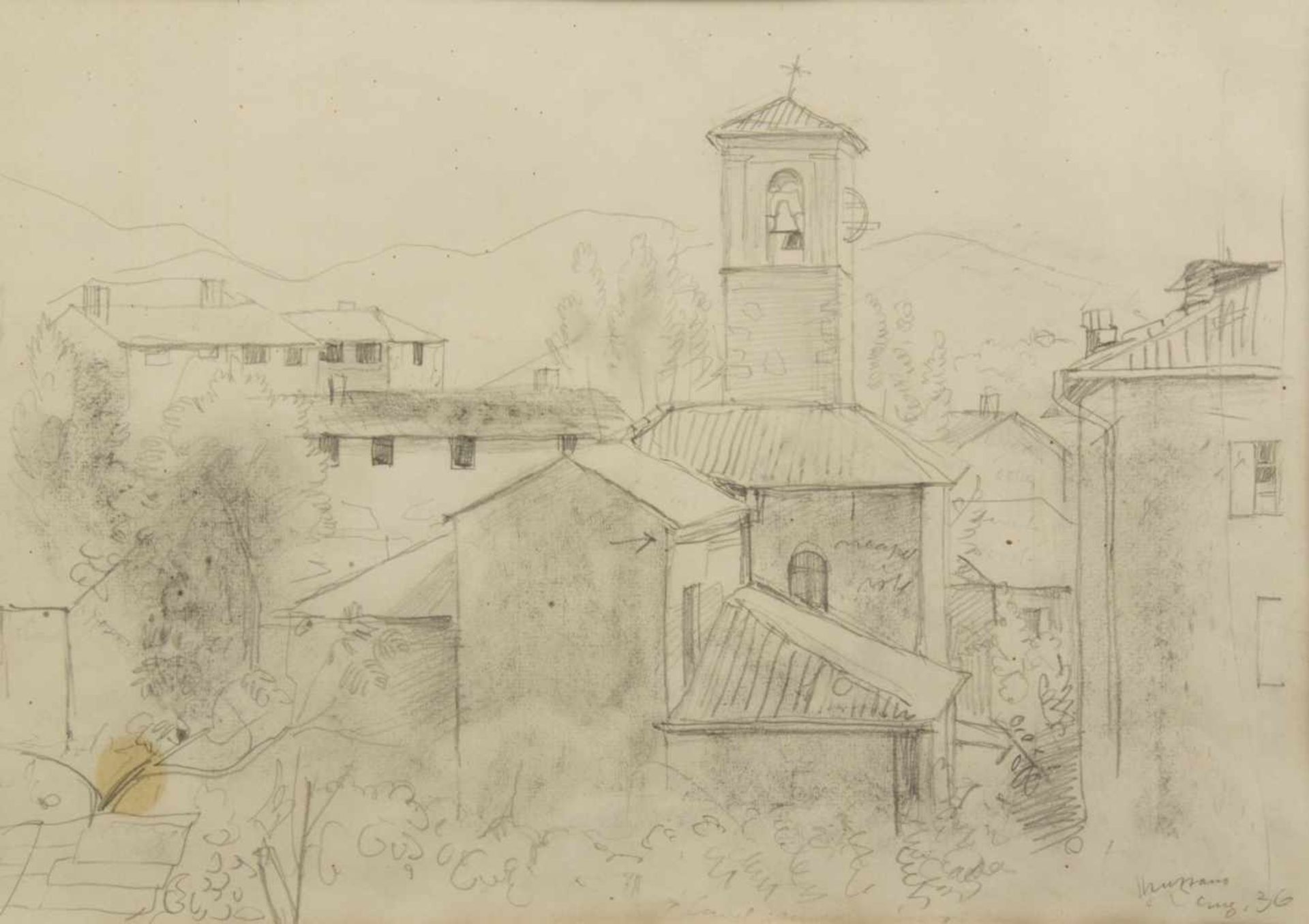 Loewig, Roger u.a.Der Verbannte. Blick auf südländische Stadt mit Kirchturm. 1 Kugelschreiberzeichn. - Bild 2 aus 9