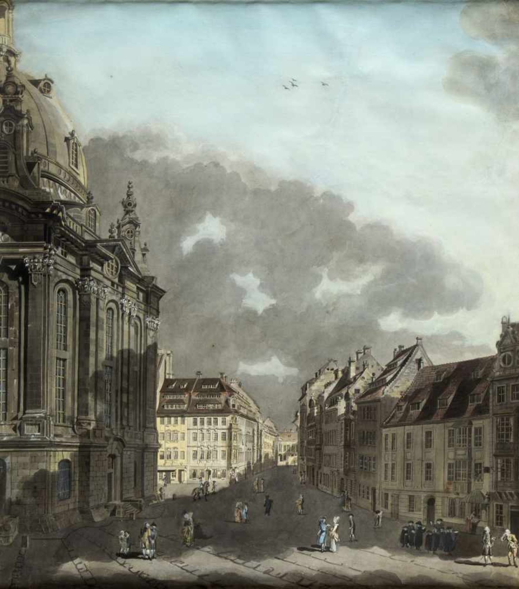 Deutsch, Anf. 19. Jh.An der Frauenkirche in Dresden. Gouache und Tuschfederzeichn. 57,5 x 52,5 cm.