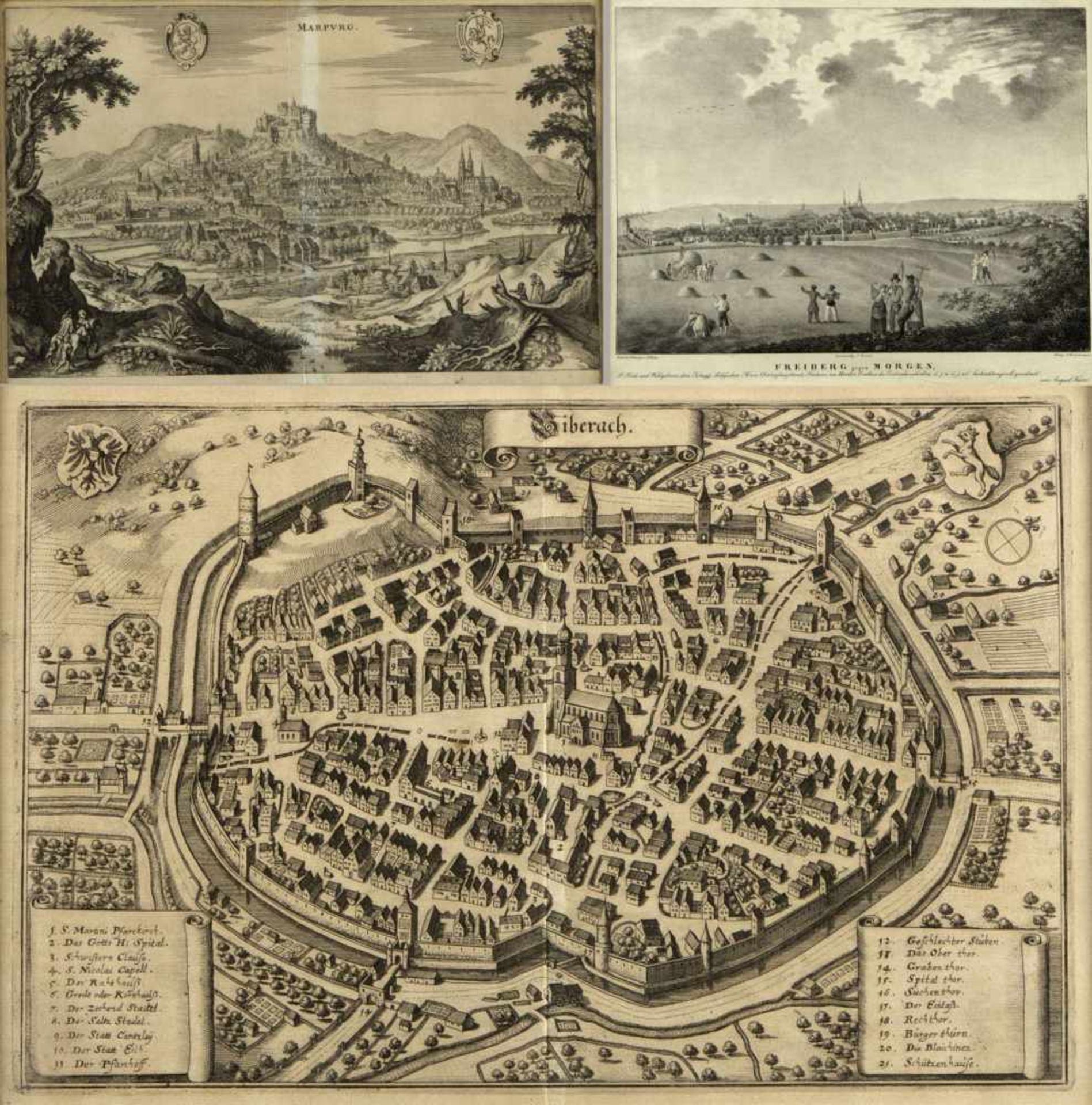 Merian. KretschmannBiberach. Marburg und Freiberg. 2 Radierungen. 1 Lithographie. Bis 34,5 x 44 cm.