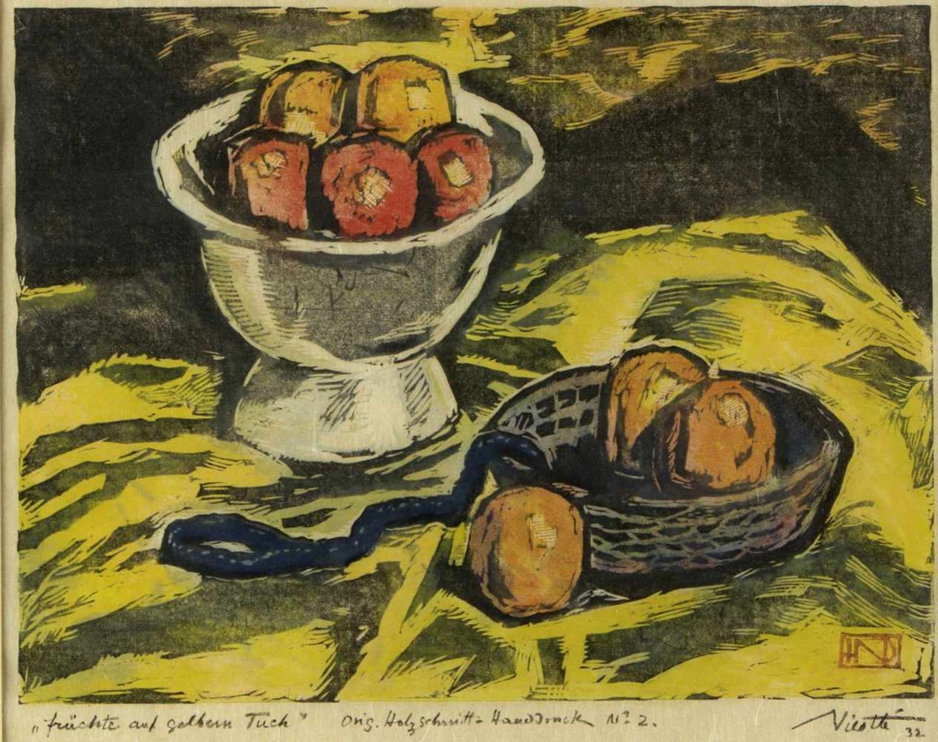 Niestlé, Henry. Weber, PaulFrüchte auf gelbem Tisch. Sommerlandschaft. Farbholzschnitt. Kol. - Bild 2 aus 3