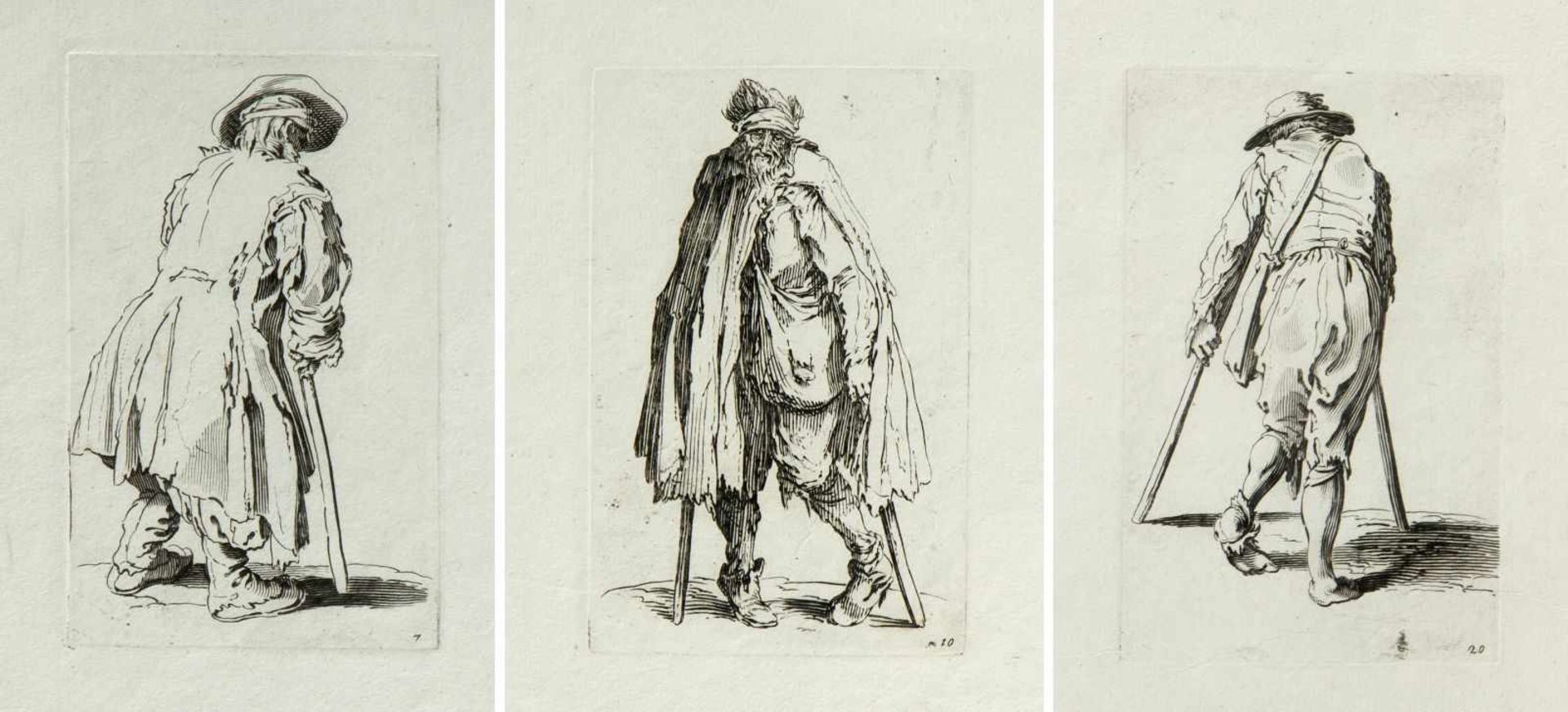 Callot, Jacques. 1592 - Nancy - 1635. Kopie nach Bettler mit Krücken. 3 Radierungen im Gegensinn.