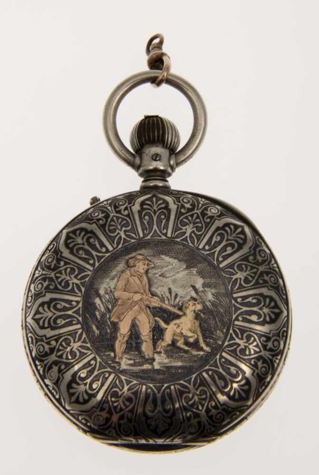 Longines-TaschenuhrGehäuse und Cuvette aus Silber. Rückdeckel mit feinem Niello-Dekor und - Image 2 of 3