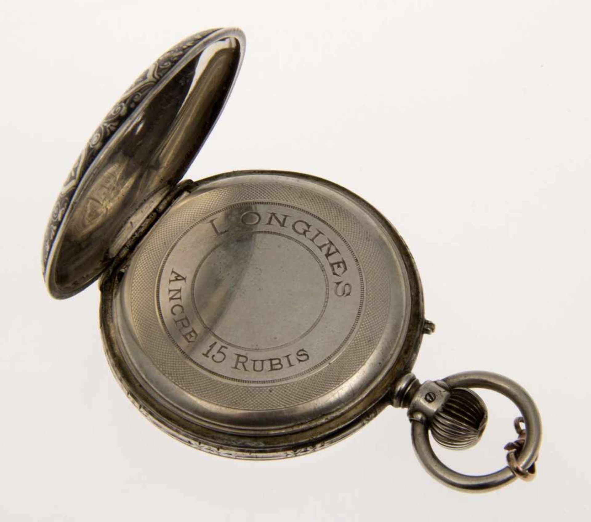 Longines-TaschenuhrGehäuse und Cuvette aus Silber. Rückdeckel mit feinem Niello-Dekor und - Image 3 of 3