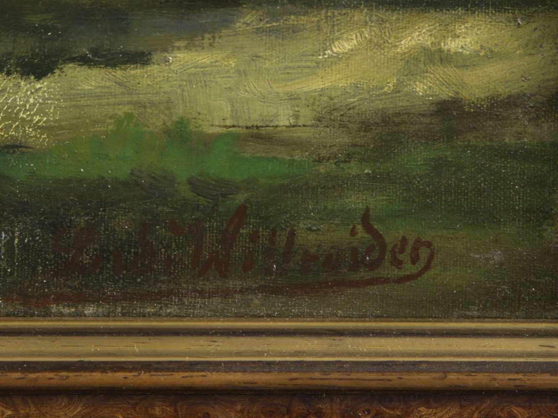 Monogrammist O.W.F. u.a.Berglandschaften. Teich, von Bäumen umsäumt. 3 Gem. Öl/Karton, Holz bzw. - Bild 6 aus 10