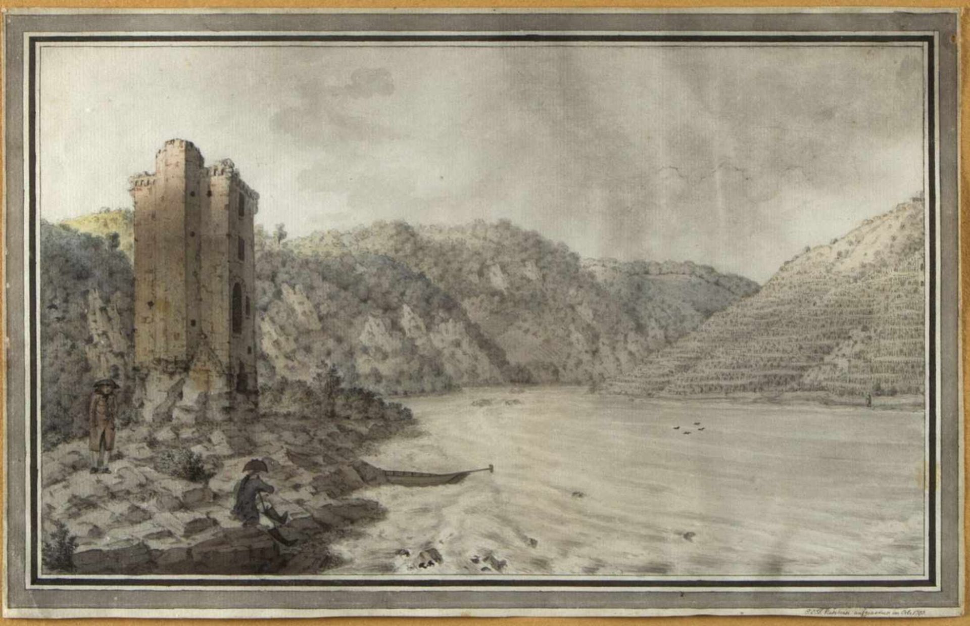 Viehbeck, Karl Ludwig Friedrich. 1769 - 1827Hügelige Flusslandschaft. Aquarell. Sign. und dat. 1793.