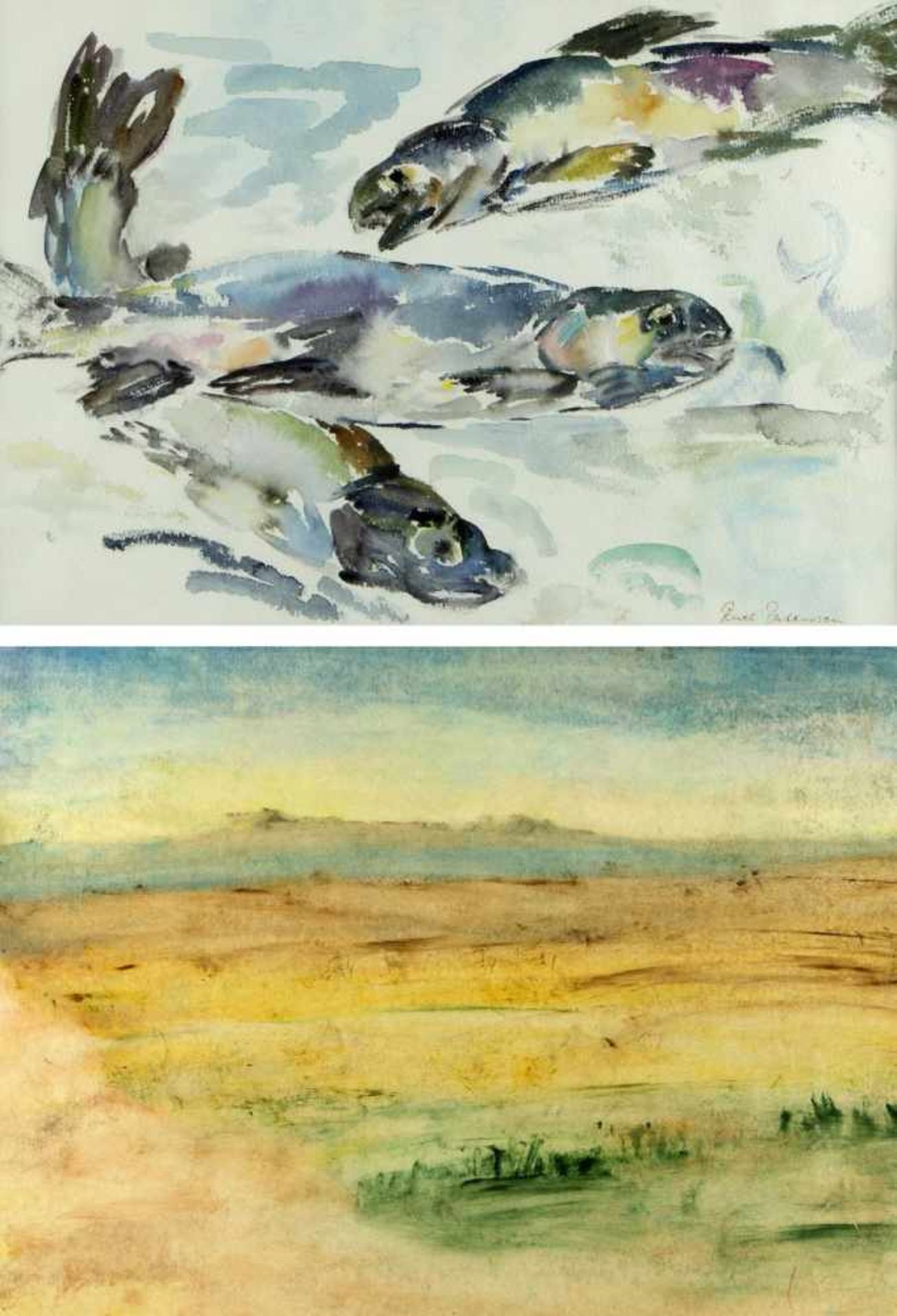 Schmelz, Josef. Putensen, RuthKarge Landschaft. Fische. 2 Aquarelle. Sign. Bis 47 x 62,5 cm.